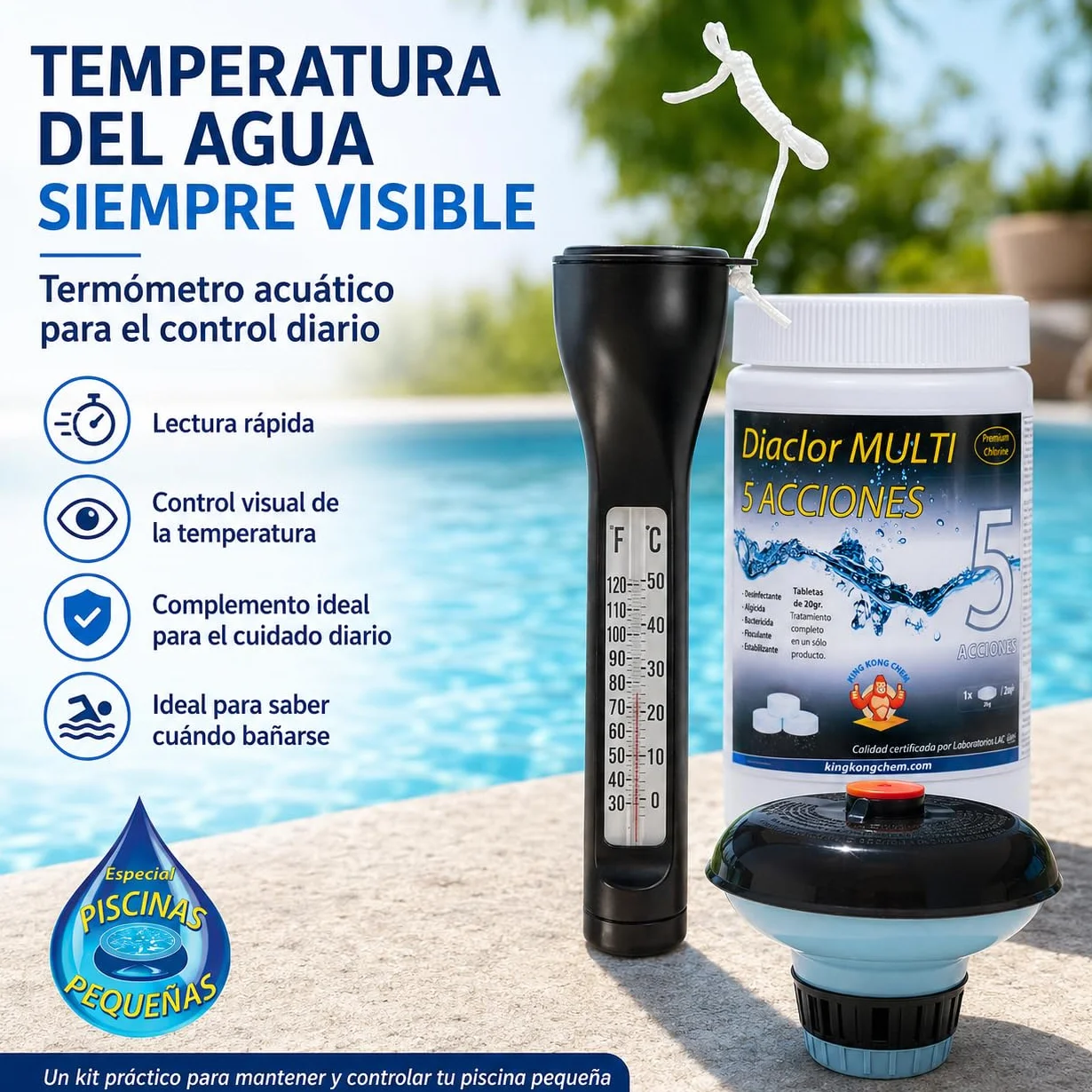 Kit Cloro Piscinas Pequeñas DIACLOR Multi 5 ACCIONES 1 KG Pastillas 20 GR SIN Cobre + DOSIFICADOR + TERMÓMETRO