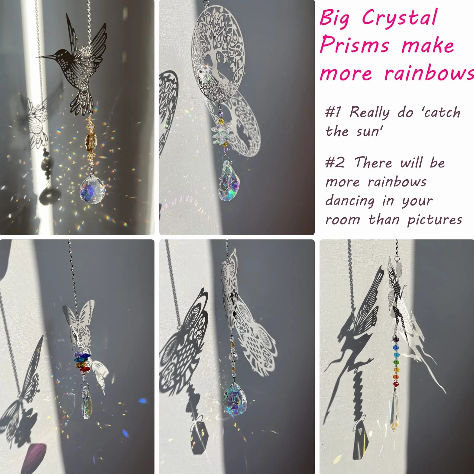 Atrapasoles Colgante de Cristal Pack de 5 Árbol Búho Colibrí Mariposa Hada Decoración Ventana Jardín