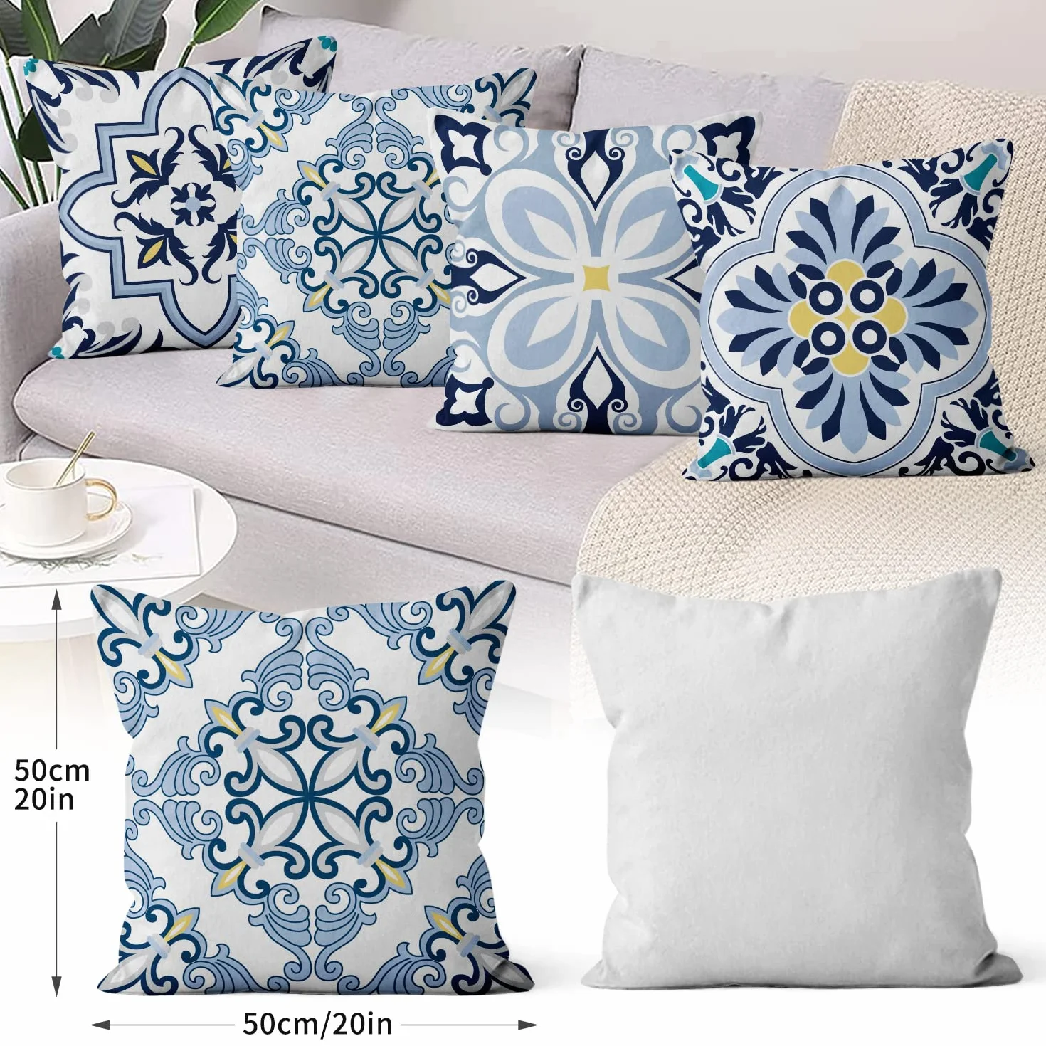 Funda de cojín Boho 50x50 Juego de 4, Azul y Amarillo Retro Geométrico Mandala Floral, Lino para Sofá Cama Exterior