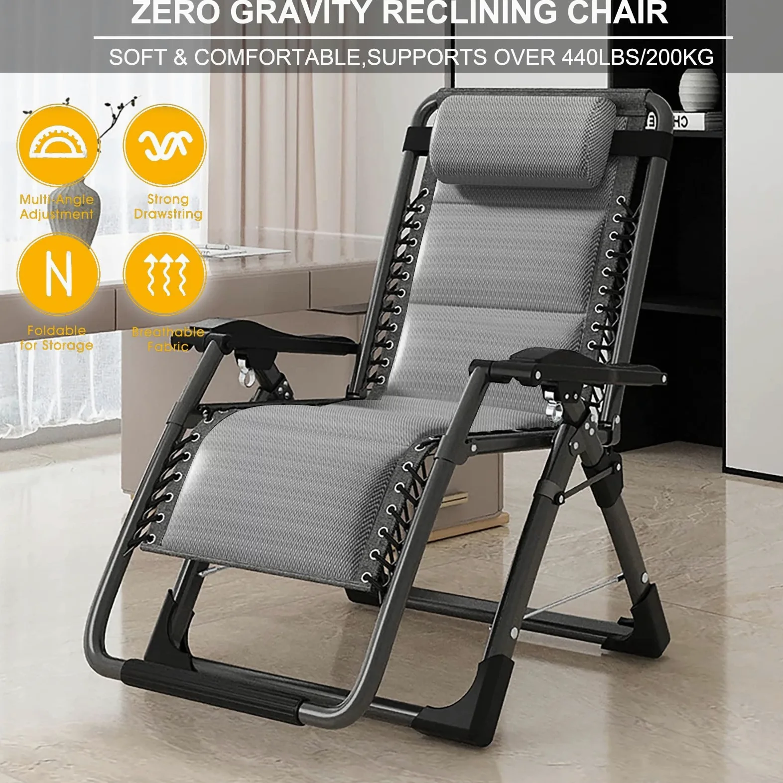 Tumbona Gravedad Cero, Silla Reclinable Plegable con Respaldo Ajustable Y Reposacabeza Extraíble, Tumbona Jardin Exterior para Playa Piscina Hamaca Reposabebidas (Color : Linen Grey Mattress)