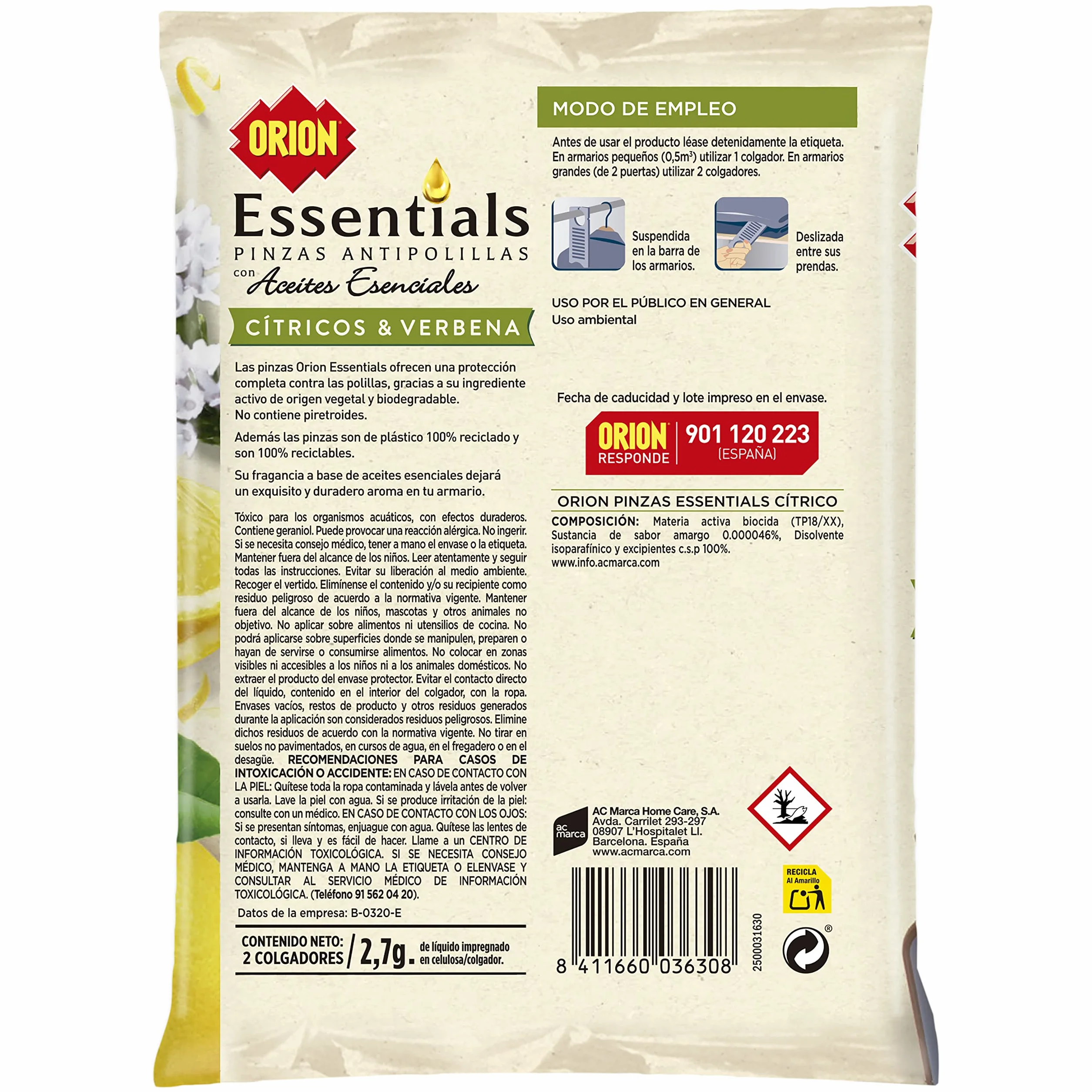 Orion Essentials Pinzas Antipolillas Cítricos 2uds