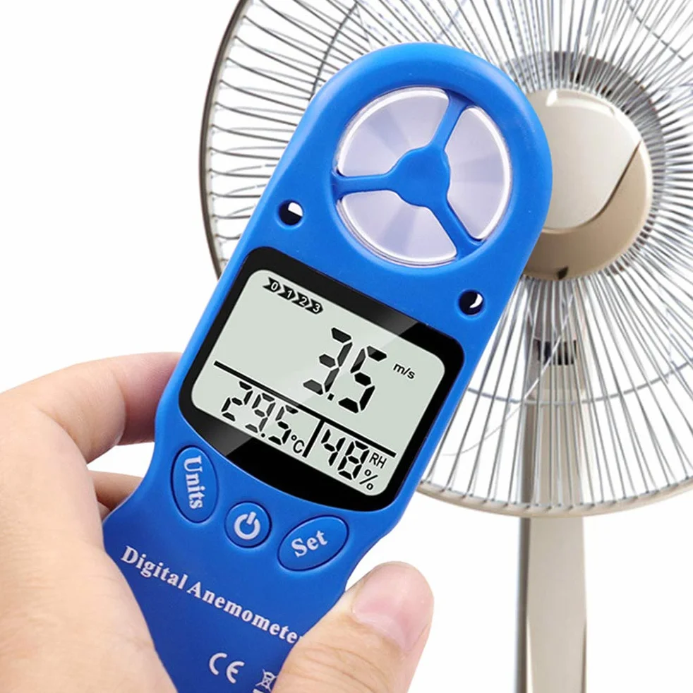 Anemómetro Portátil Digital 3 in 1, Medidor de Velocidad del Viento 0,3-30 m/s con Sensor de Temperatura y Humedad
