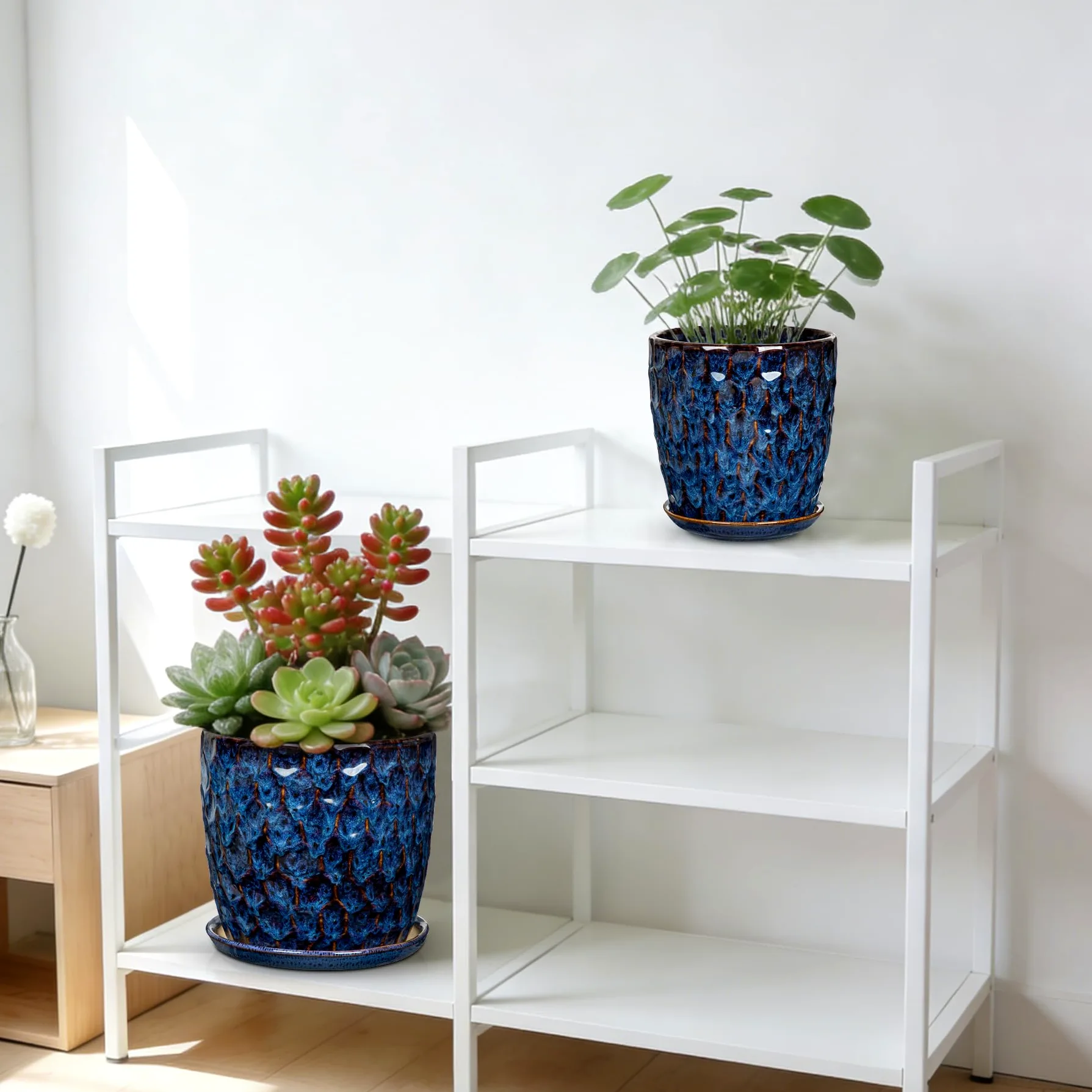 Juego de 2 macetas de cerámica esmaltada azul para interiores con drenaje y platillo, maceta decorativa de cerámica para plantas de interior, suculentas, cactus, macetas modernas de interior
