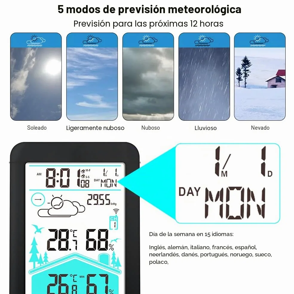 KETOTEK Estación meteorológica inalámbrica con sensor exterior, estación meteorológica digital DCF, termómetro higrómetro interior y exterior con previsión meteorológica, despertador barométrico