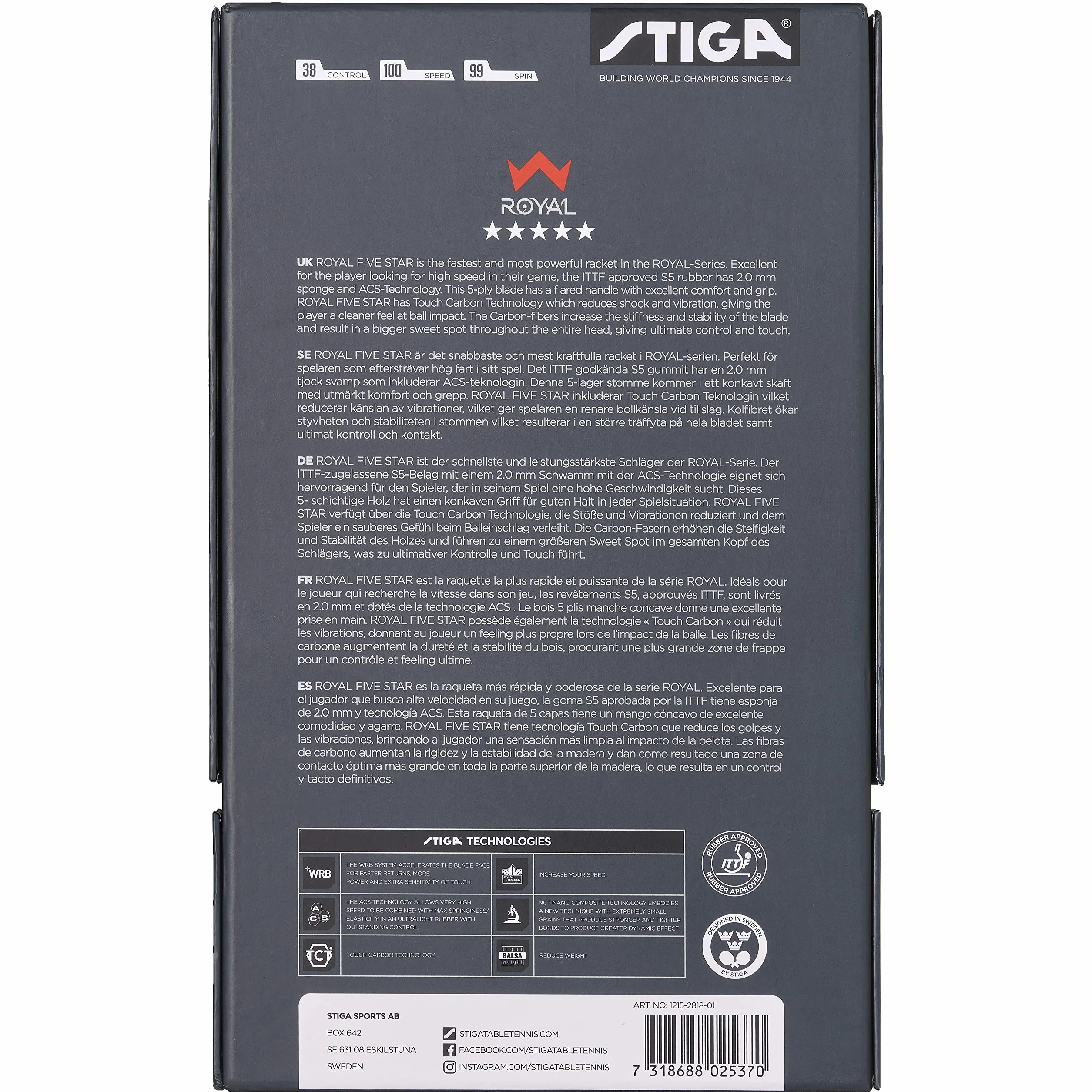 STIGA Royal Carbon Raqueta de Tenis de Mesa 5 Estrellas Profesional Hoja 5 Capas Fibra de Carbono Goma ITTF