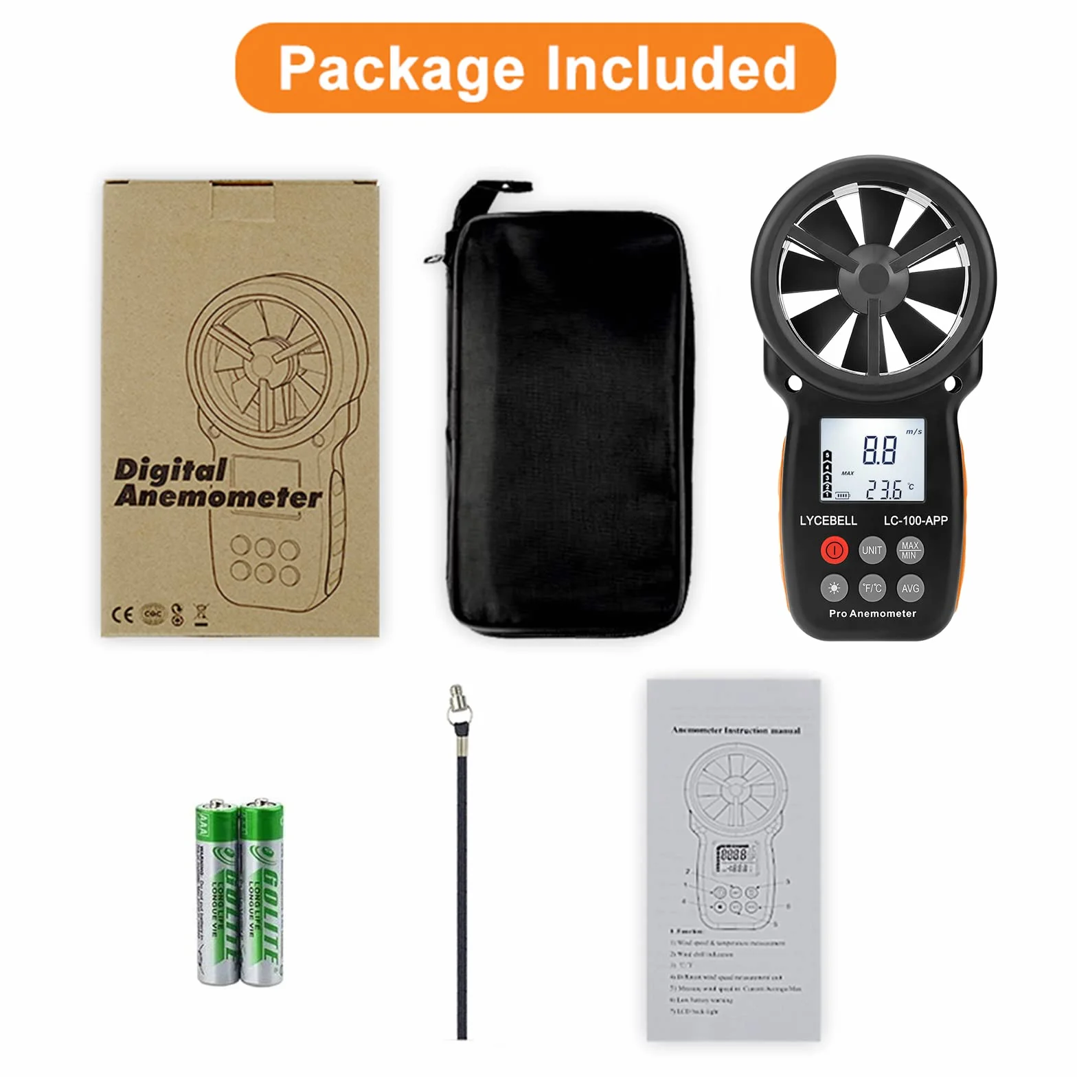 Anemómetro Digital de Mano LC-100-APP Bluetooth Medidor de Velocidad del Viento Temperatura
