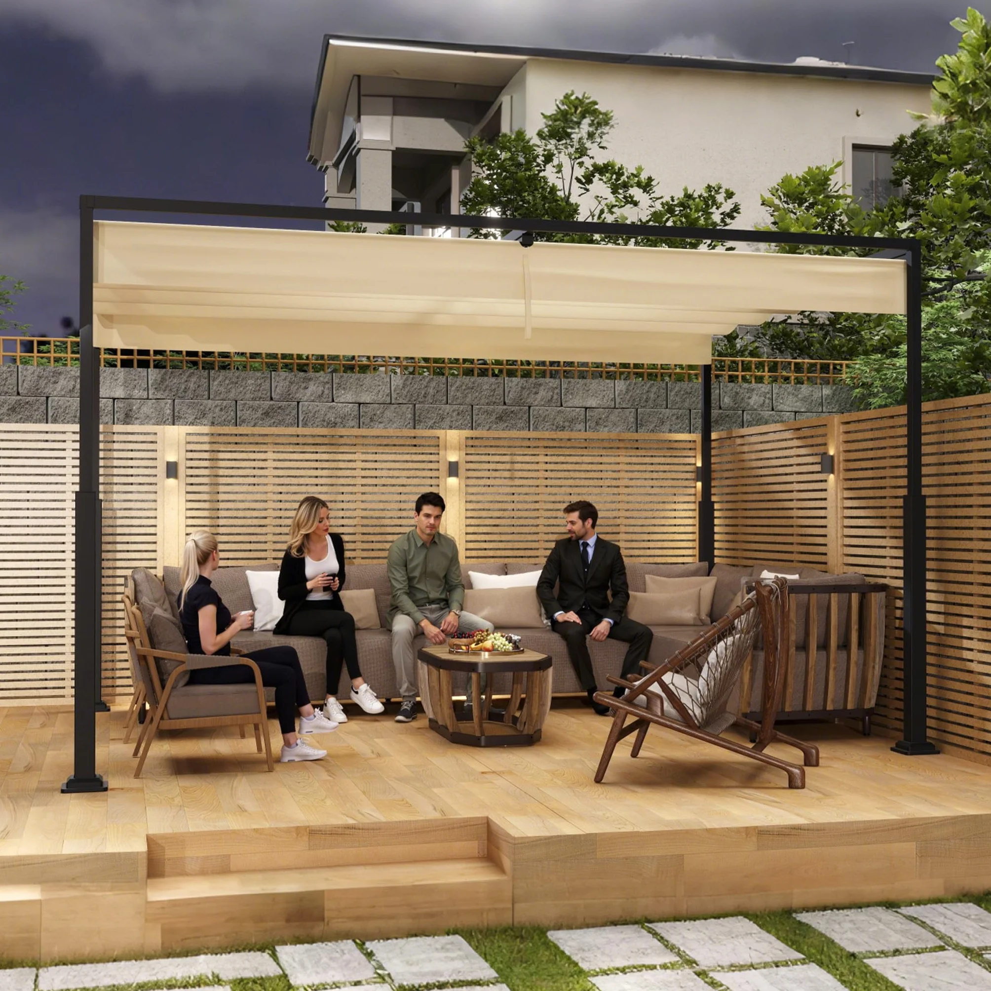 Pérgola para exteriores de 3 x 4 m, marco de metal estable, con protección solar y viento, techo solar, toldo retráctil para jardín, terraza y balcón (beige)