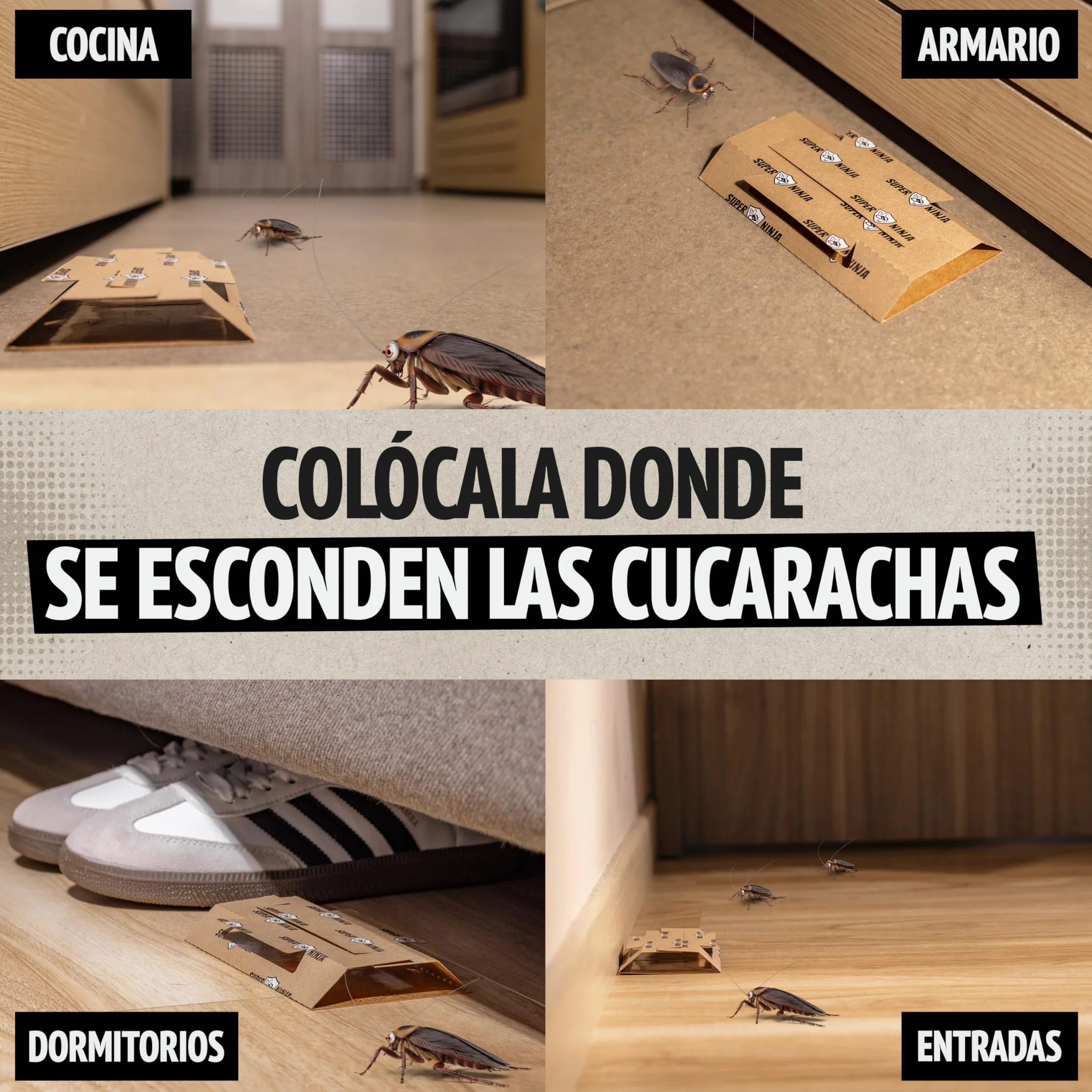 Trampas para Cucarachas Super Ninja – Pack 12 Unidades, Trampa Adhesiva con Atrayente Natural, Mata Cucarachas sin Tóxicos, Duración 3 Meses