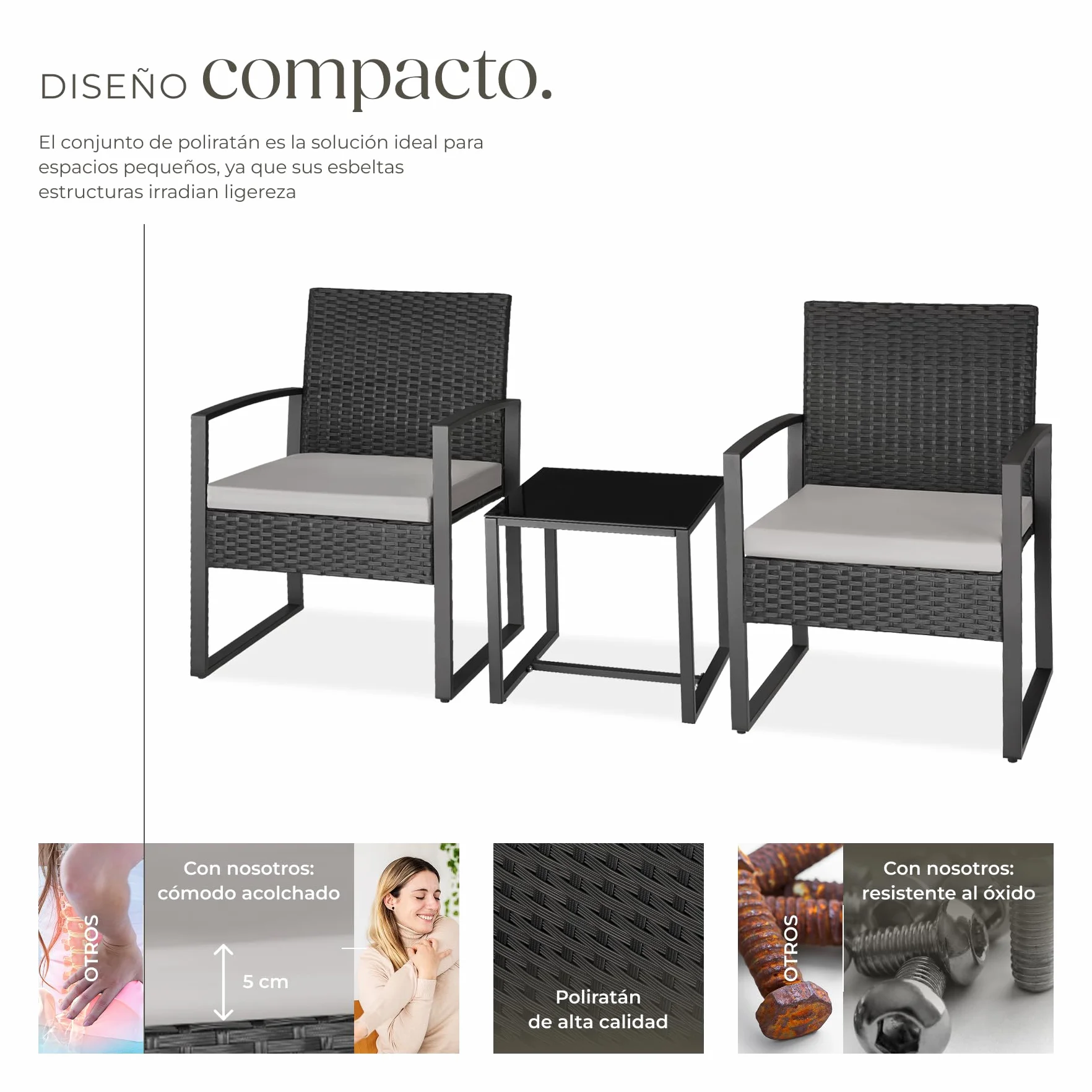TecTake® Conjunto Jardín Exterior para 2 Personas, Muebles de Jardin 2 Sillas Ratán con Cojines y Mesa Terraza con Tablero Vidrio de Seguridad, Fundas Extraíbles, Robusto y Resistente a la Intemperie