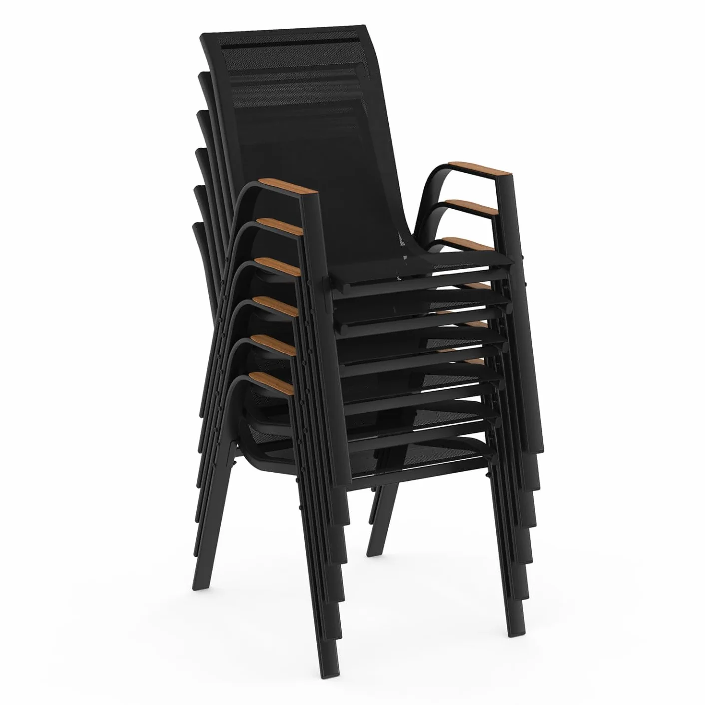IDMarket - Salón de jardín NOUMEA Mesa de cristal templado efecto madera y 6 sillas apilables negro y madera