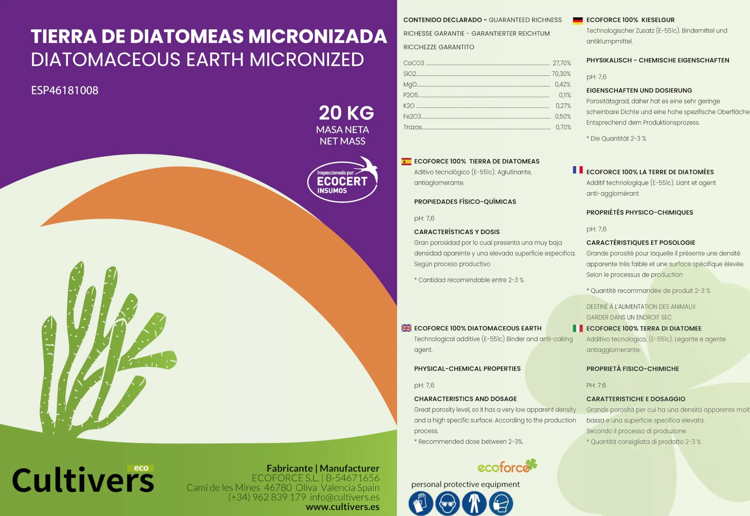 CULTIVERS Tierra de Diatomeas Ecológica Micronizada 20 kg Polvo ultrafino origen natural Sílice