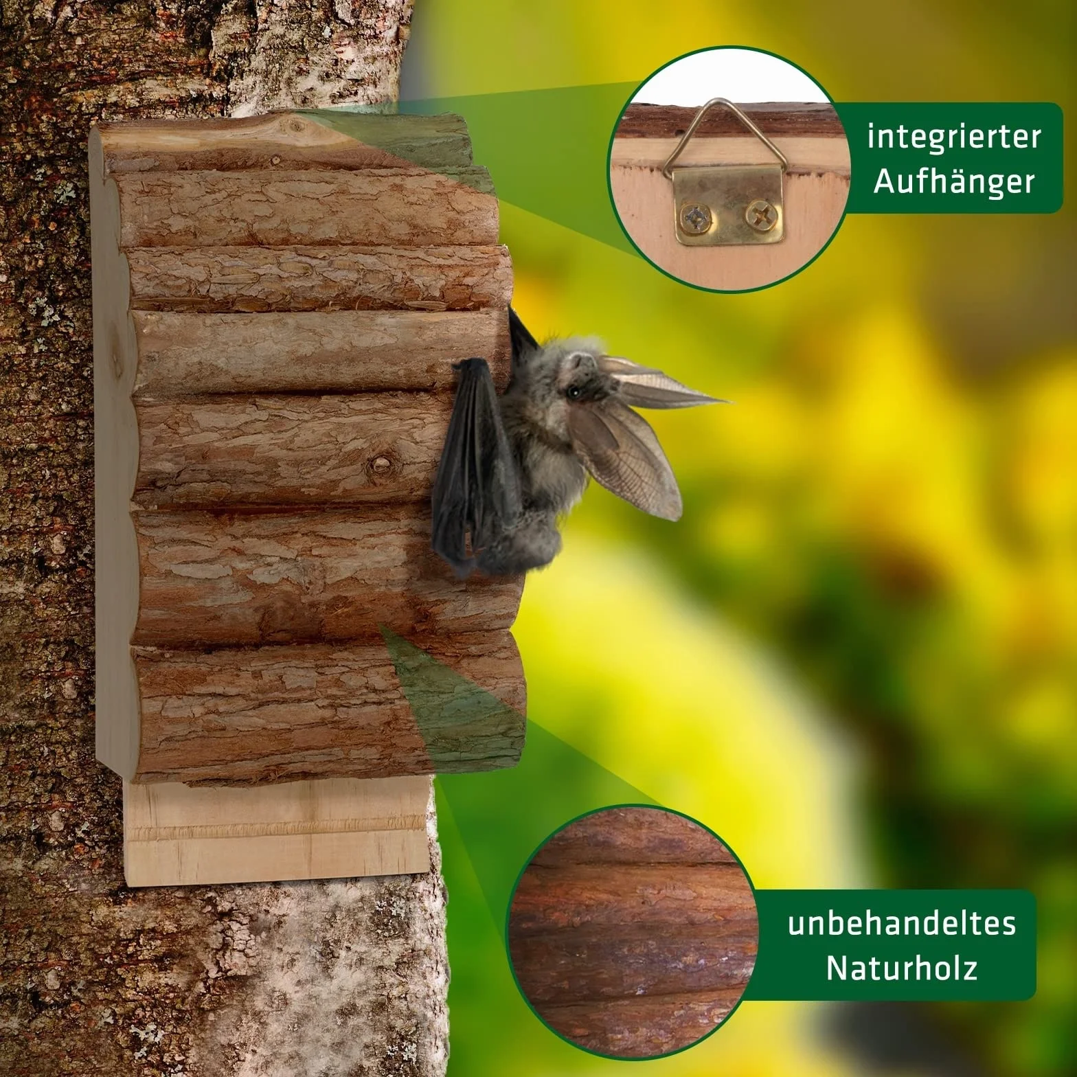 Gardigo® Caja para Murciélagos de Madera | Refugio Murciélago Resistente para Colgar | Nido para Murciélagos de Jardín | Aprox. 29 x 14 x 8 cm | Caja Nido Exterior para Control Natural de Insectos