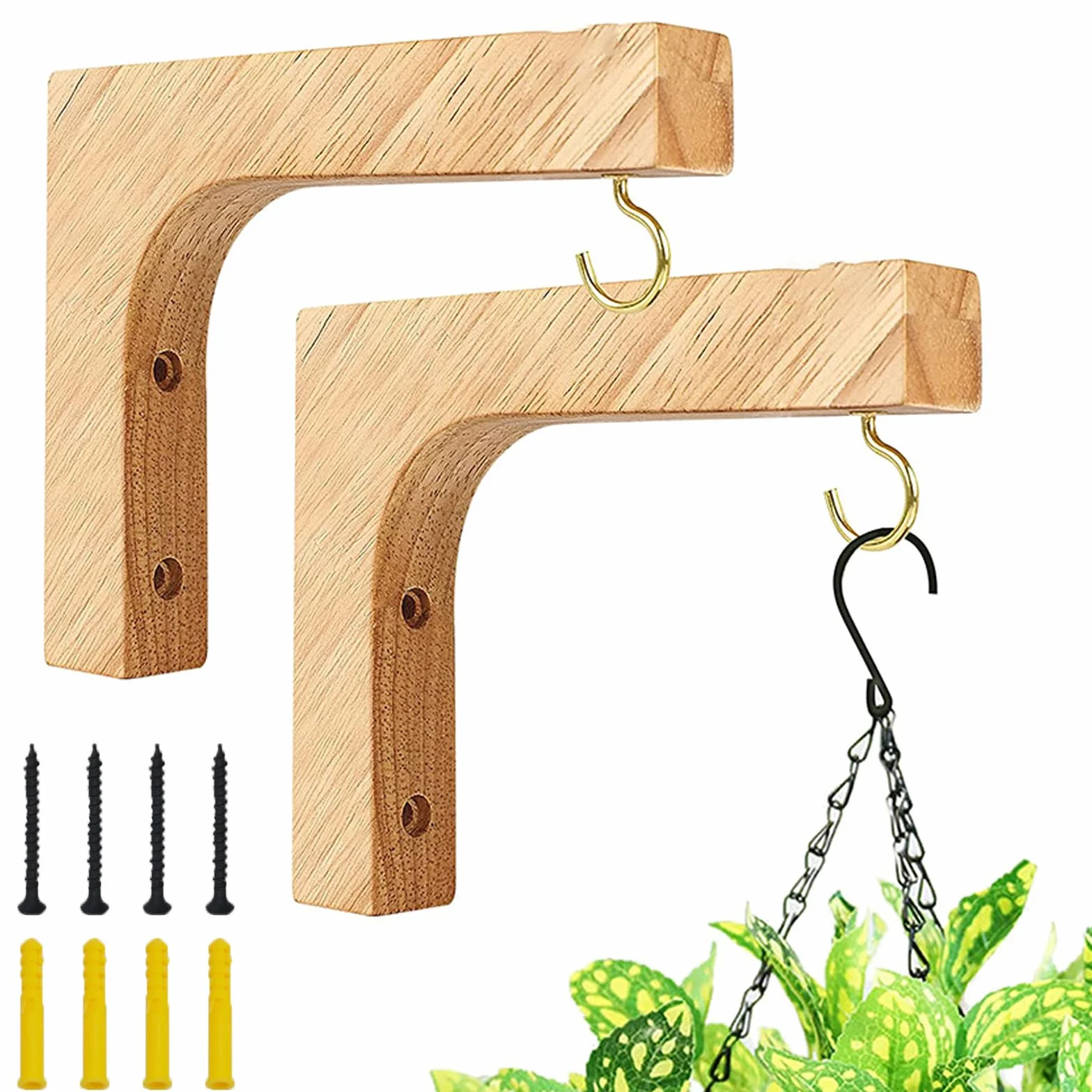 Soporte para Plantas Colgantes de Pared Ganchos de Madera, Carga 20 kg, 2 Piezas