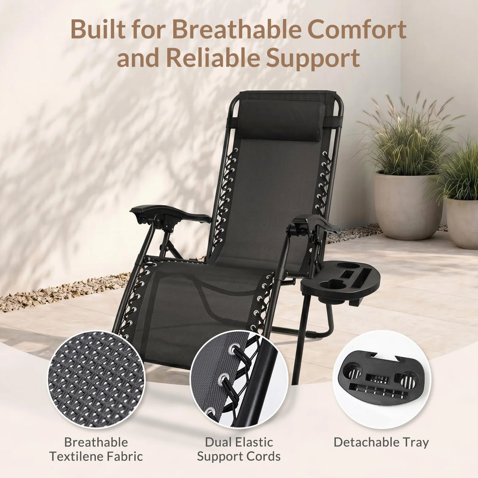 Todeco Tumbona Plegable Jardín con Cojín Extraíble, 2 en 1 Silla Gravedad Cero Reclinable con Portavasos Respaldo Ajustable para Patio, Camping, Terraza y Piscina, Juego de 2 Negro | Cojín Extraíble, Portavasos Respaldo Ajustable, para Patio, Camping, Ter