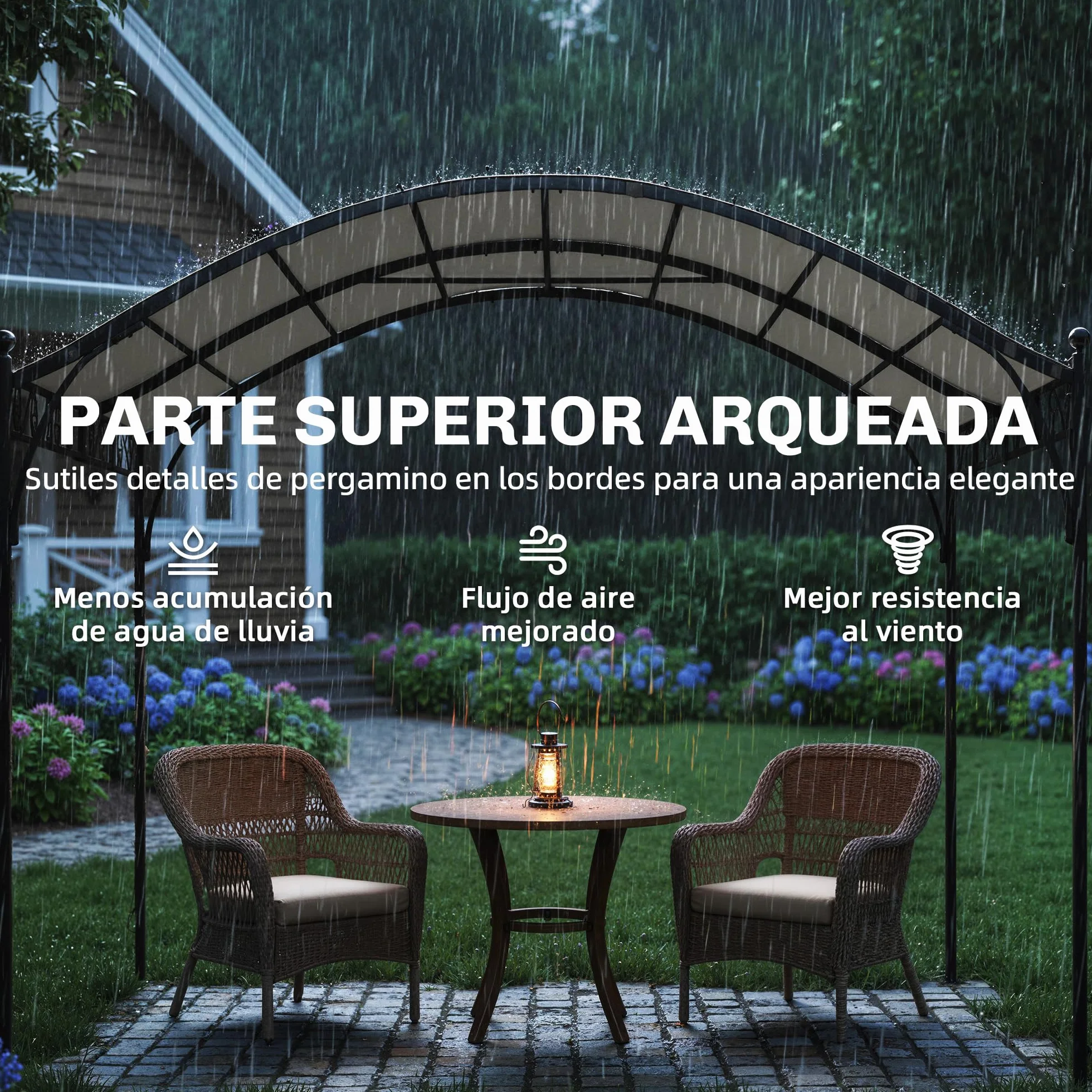 Outsunny Pérgola de Jardín 3x3 m, Cenador con Techo Arqueado, Dosel UV30+, Estructura de Metal Galvanizado, Blanco Crema