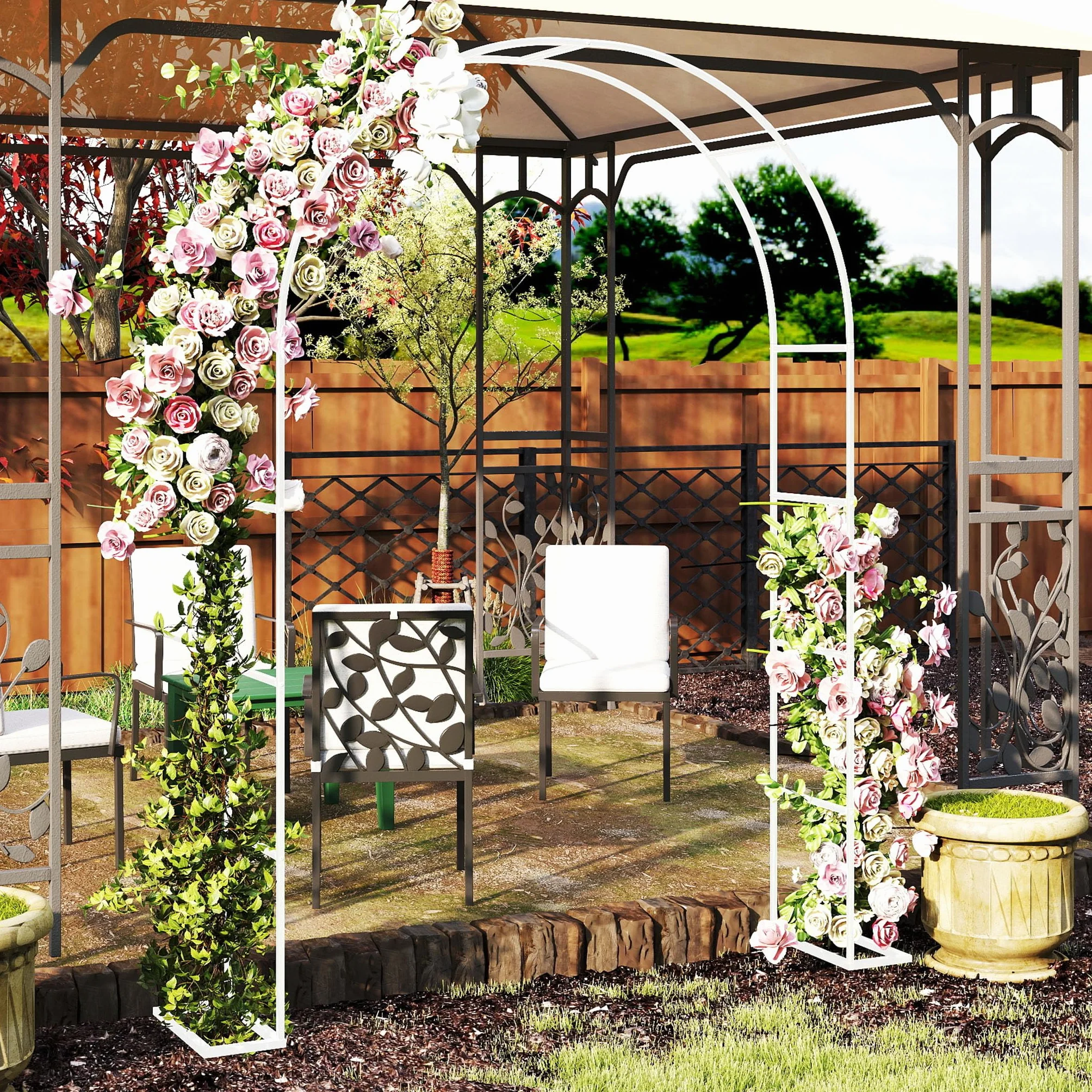 Froadp Arco para rosas de metal 192 x 38 x 240 cm, arco con recubrimiento de polvo en blanco, resistente a la intemperie, para plantas trepadoras, jardín, boda y terraza