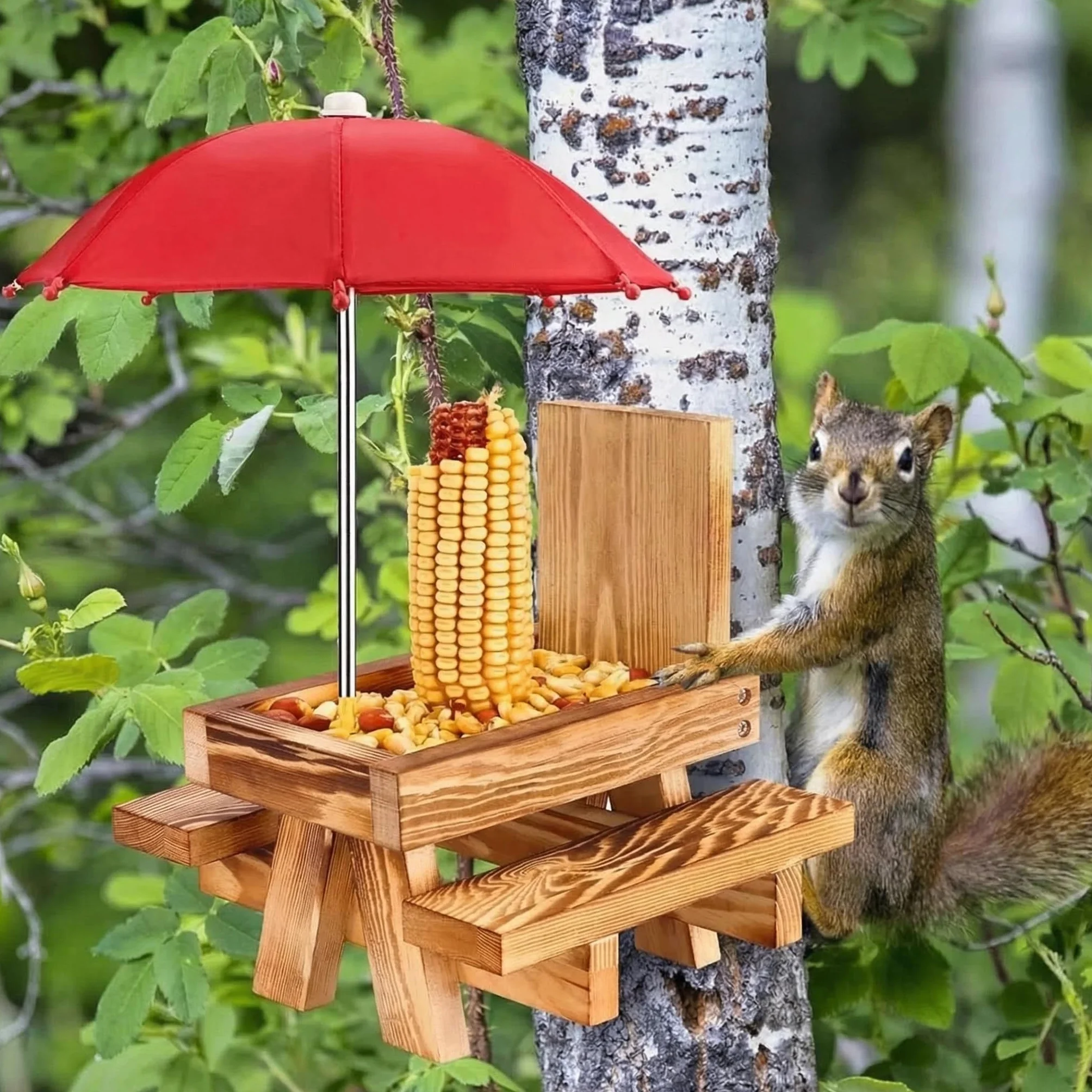 Comedero para Ardillas Alimentador de Madera con Paraguas para Exteriores