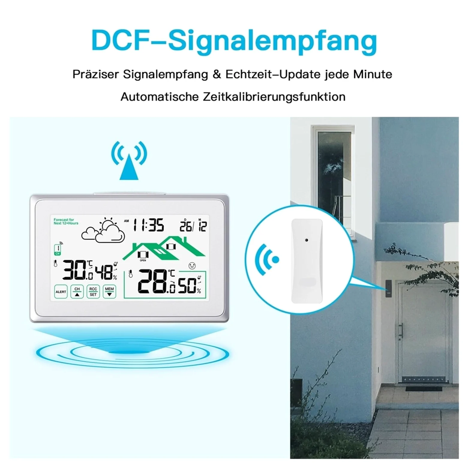 Estación meteorológica, Estación meteorológica inalámbrica con reloj atómico automático y concentrador de monitor digital(Nero)