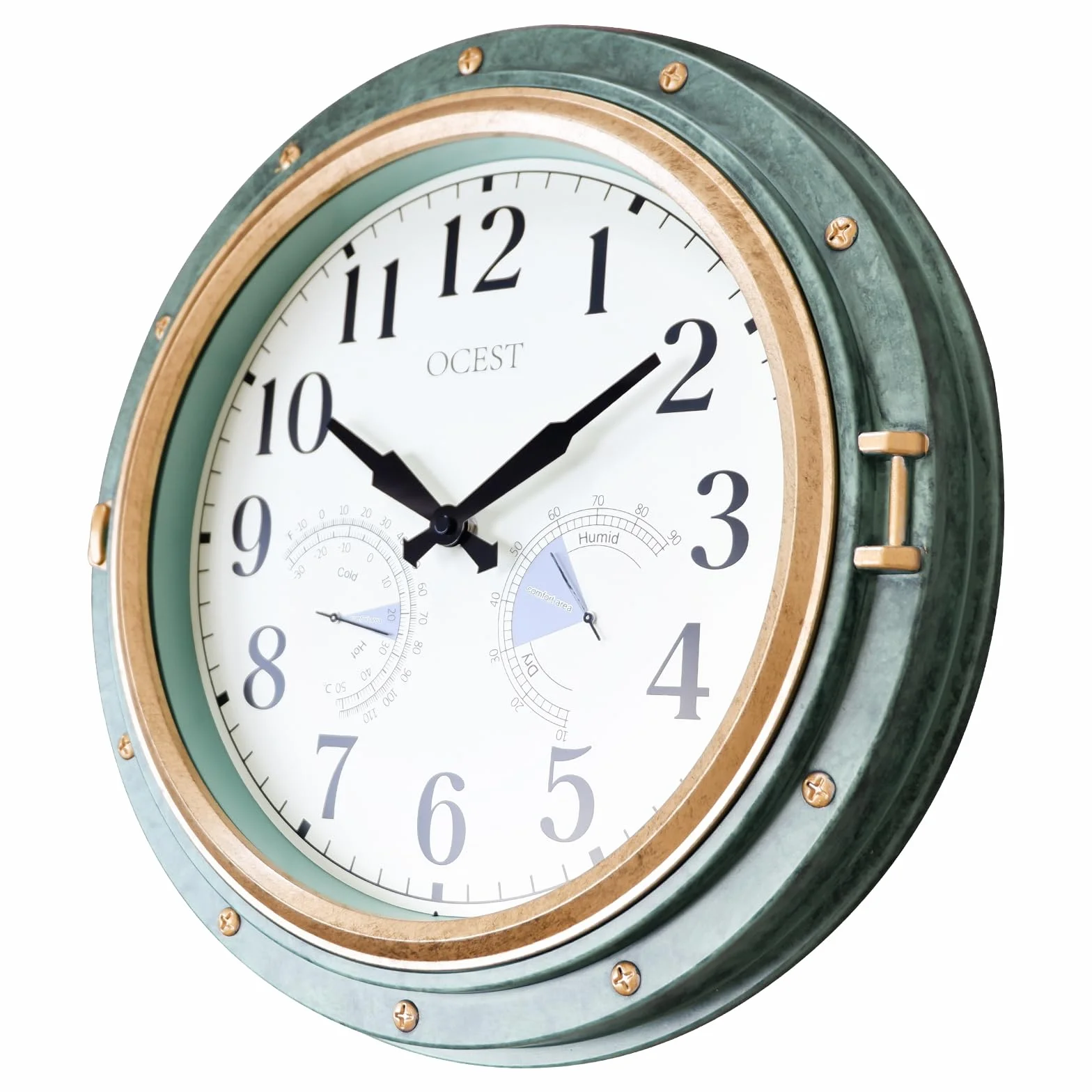OCEST Reloj de pared impermeable 16 pulgadas termómetro higrómetro silencioso sin tictac funciona con pilas decoración hogar patio verde retro