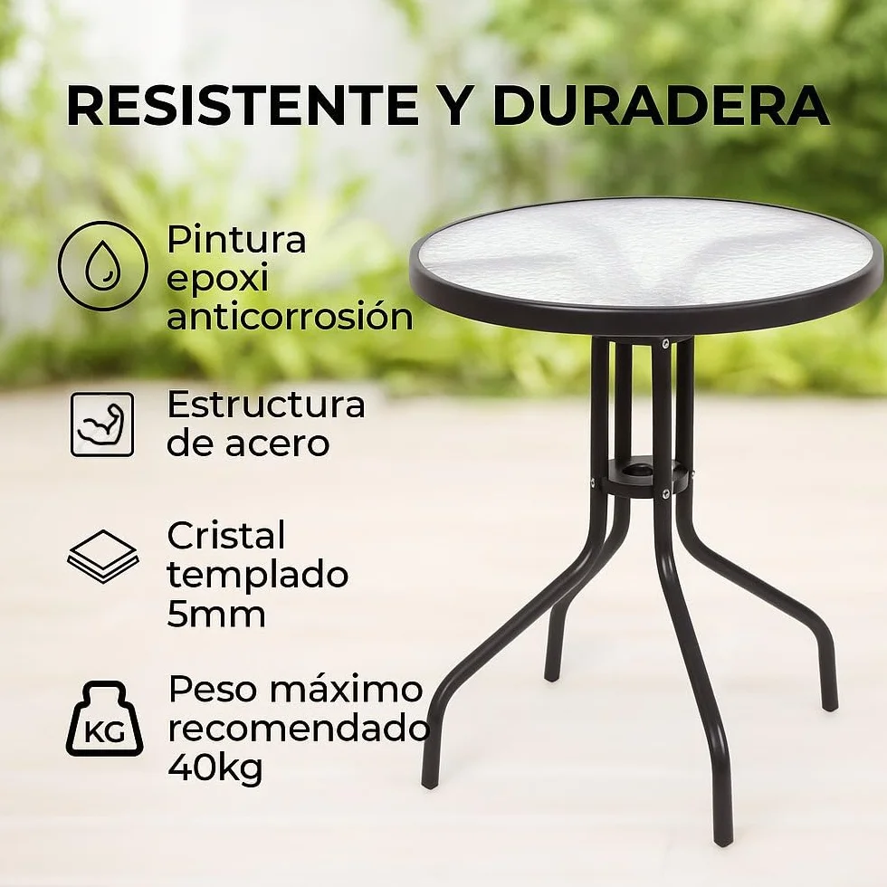 LOLAhome Conjunto Jardín Exterior Mesa y 2 Sillas Cristal Templado Ø60cm Ratan Natural Apilables
