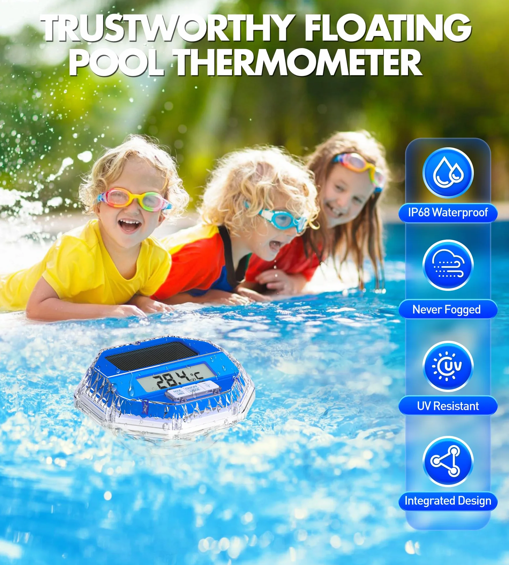 LuxBlue Termómetro Piscina Flotante IP68, Pantalla LCD, Luz Subacuática