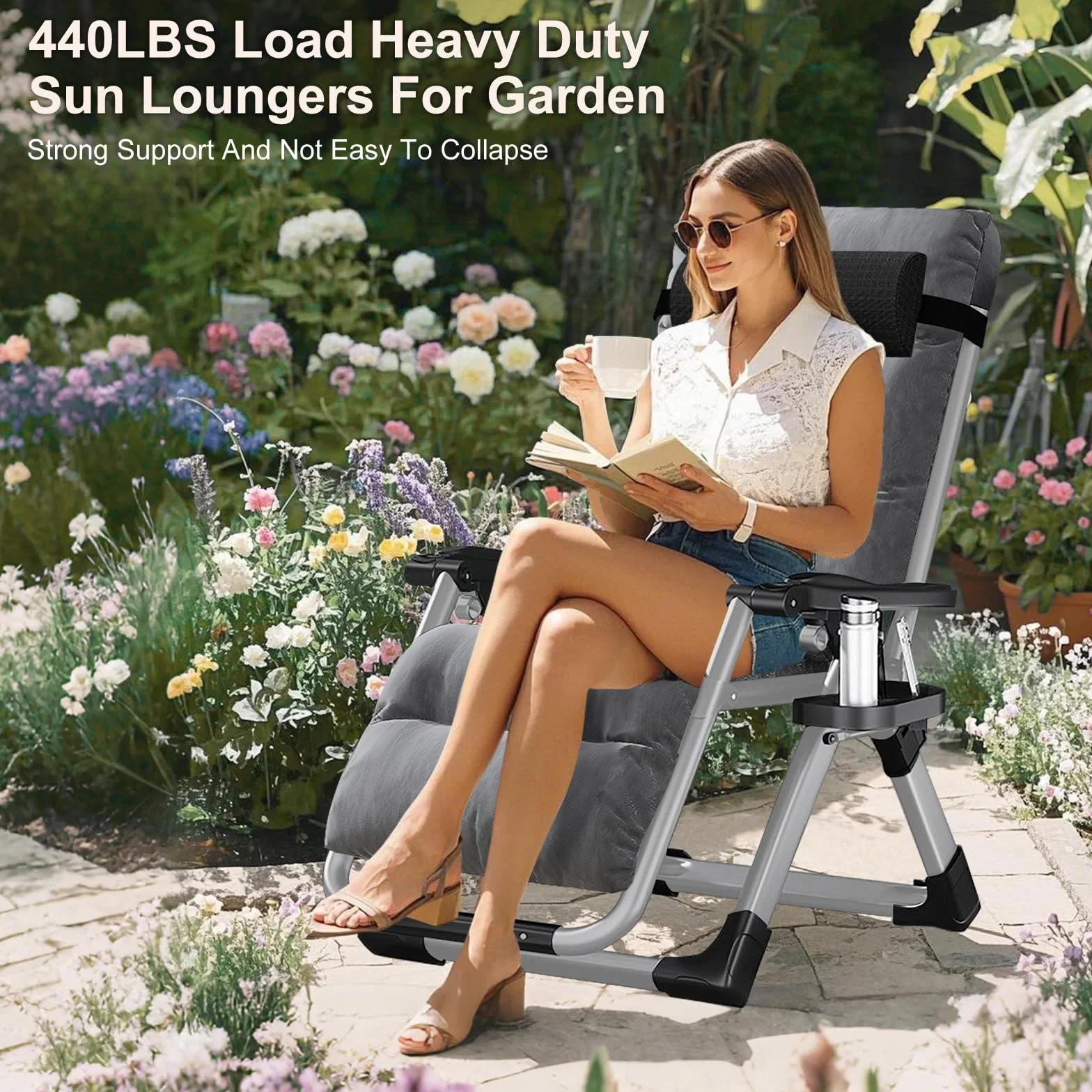 Silla plegable de gravedad cero, tumbona resistente de 440 libras, reclinable de jardín ajustable con cojín y soporte lateral, extra ancha, no requiere montaje, tumbonas para jardín, terraza