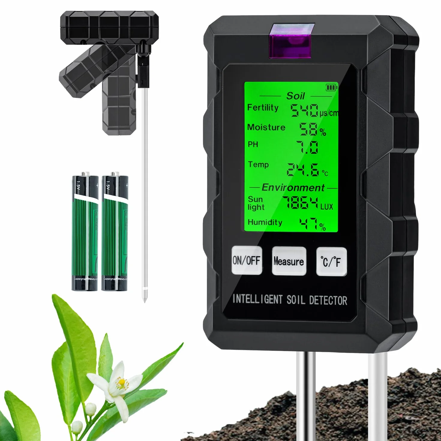 Wigearss Medidor de Suelo 6 en 1, Medidor de Fertilidad del Suelo/Luz Solar/Humedad Ambiental/pH/Temperatura con Pantalla LCD