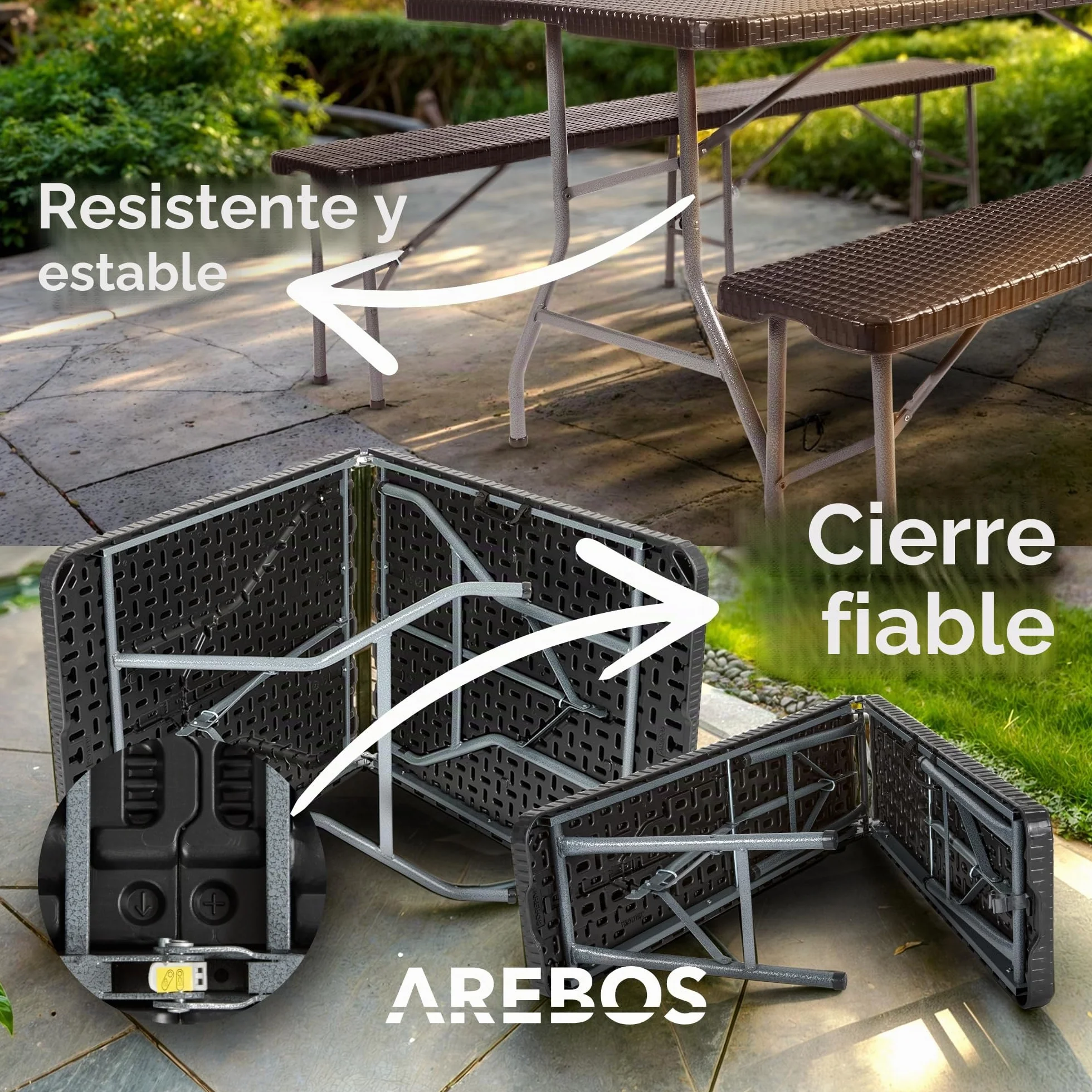 Arebos Mesa y Bancos 3 Piezas Plegables con Asa de Transporte Negro