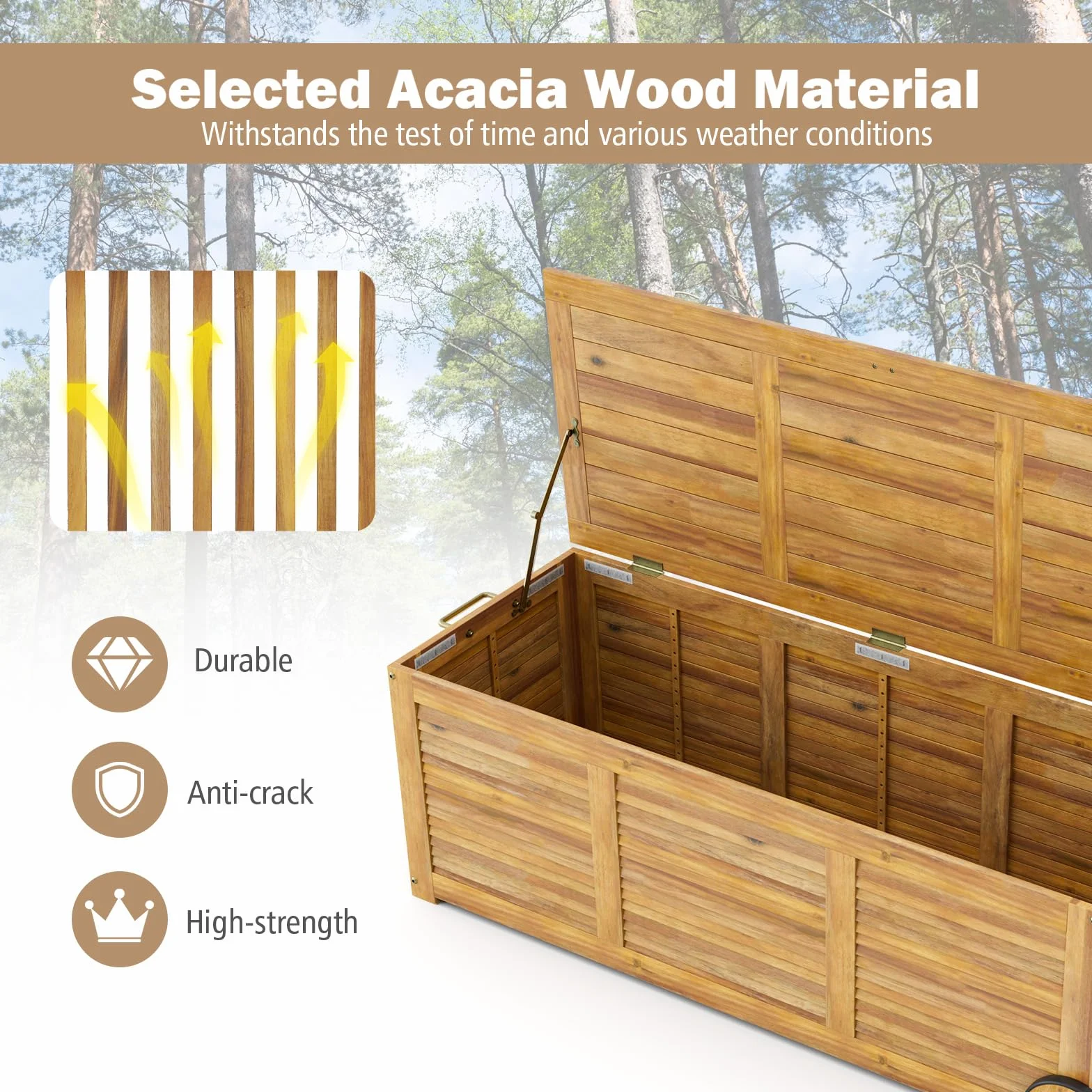 HOMASIS Baúl de jardín 182 l con ruedas madera de acacia impermeable 150 kg carga