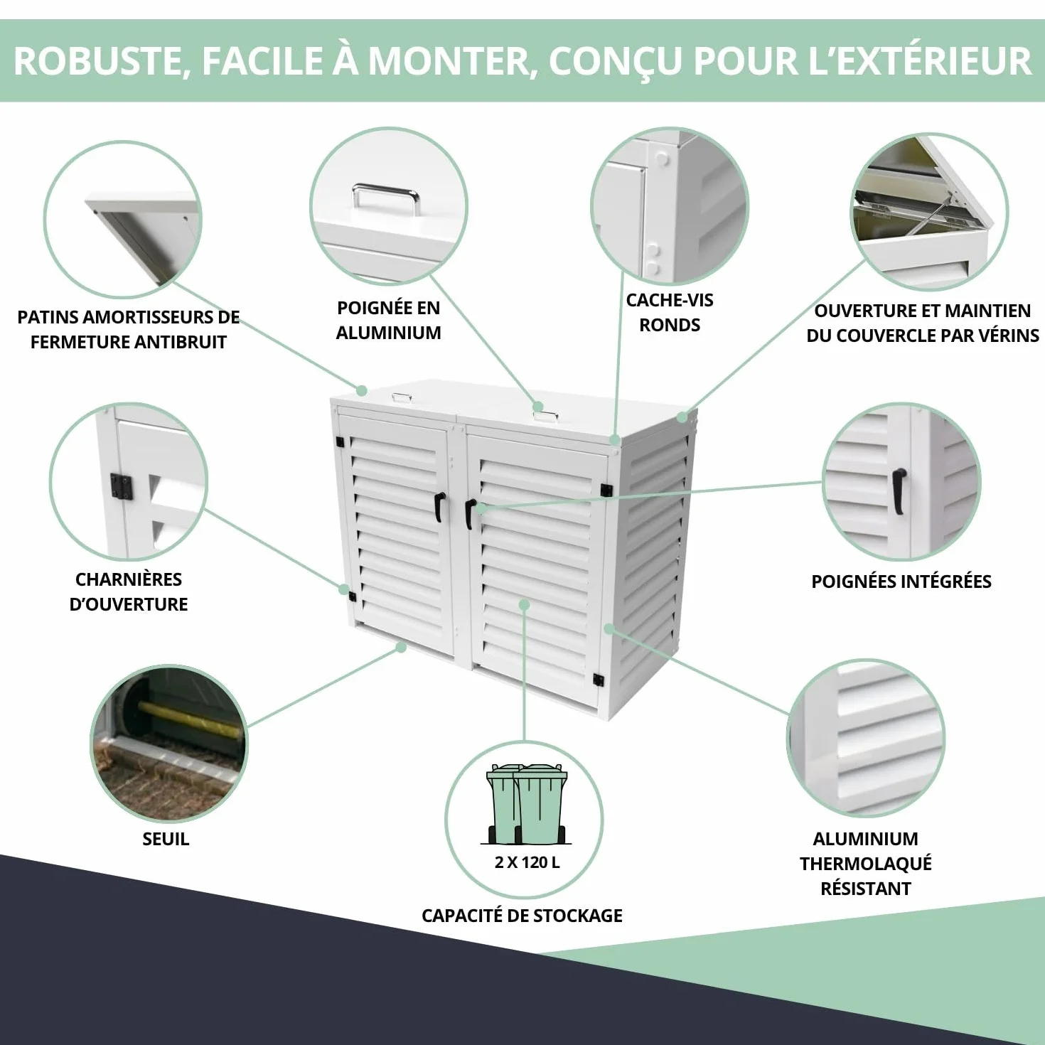 Refugio de basura exterior doble de aluminio termolacado para 2 cubos 120 L | Blanco RAL9010