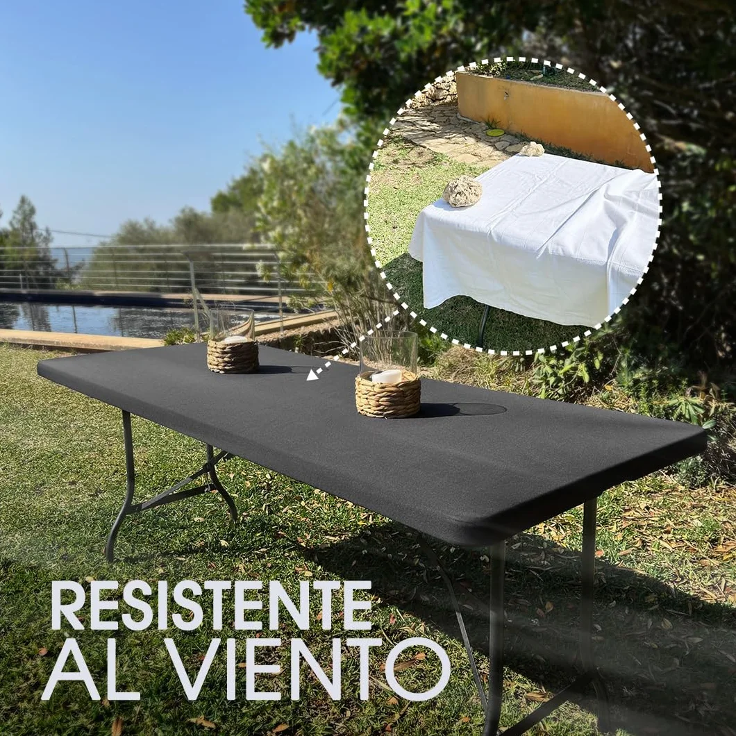 Mantel Exterior Impermeable 182x76 TPU Antimanchas Mesa Rectangular Ajustable Elástico Negro Spandex Camping