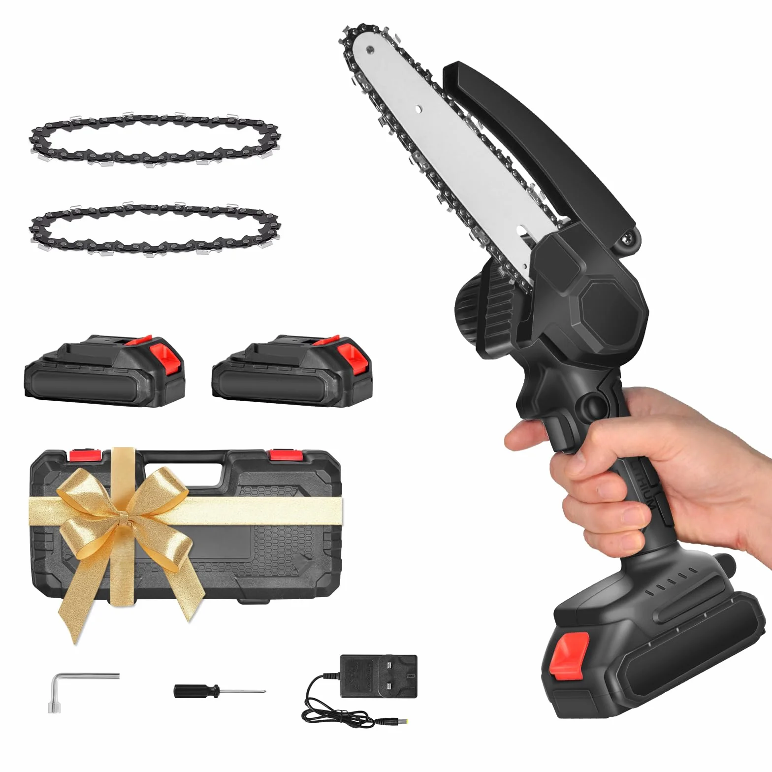AIOMEST Mini Motosierra Bateria 8000mAh, 6 Pulgadas Motosierra Eléctrica 2 Baterías de Gran Capacidad y 2 Cadenas, Podar Arboles Motosierra de Mano Mini Motosierra Pequeña Para Jardin