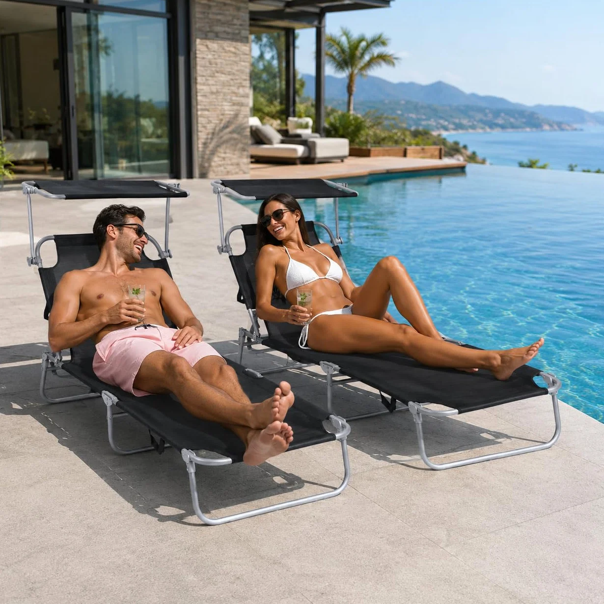 T-LOVENDO.ES Pack de 2 Tumbonas de Playa Reclinables con Parasol Ajustable, Plegables, Aluminio Ligero