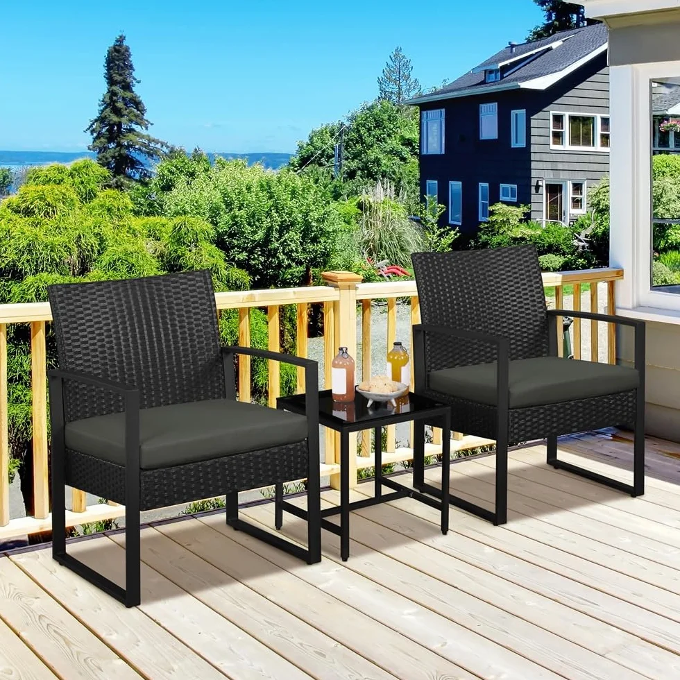 Yaheetech Conjunto de Mesa y Sillas Exterior Juego de Muebles Jardín Ratán Impermeable Negro Gris