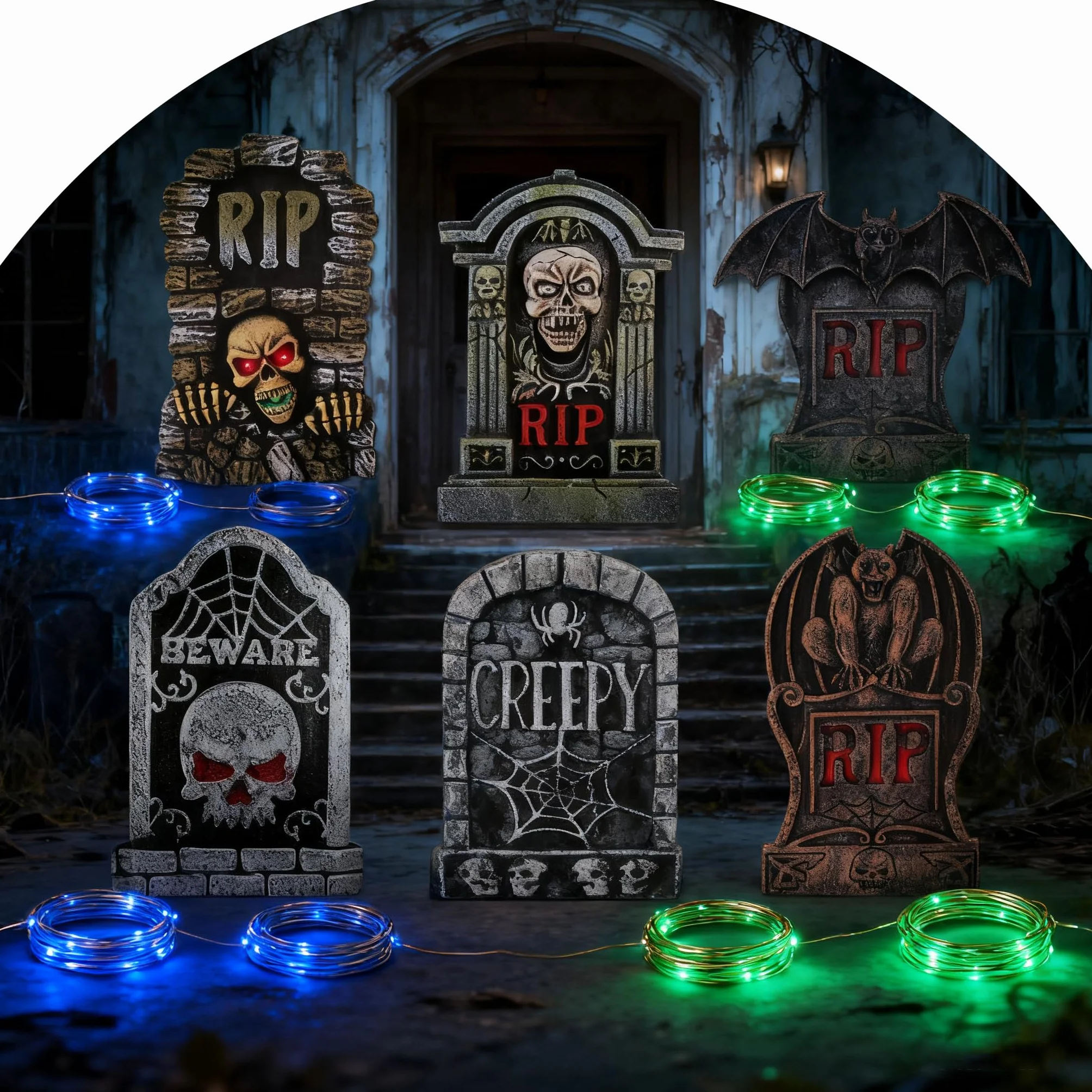 Decoración Lápidas Halloween con Luces LED 6 Unidades Plástico Gris 12 Estacas Jardín Cementerio Tiras Luz Azules Verdes 3 Modos