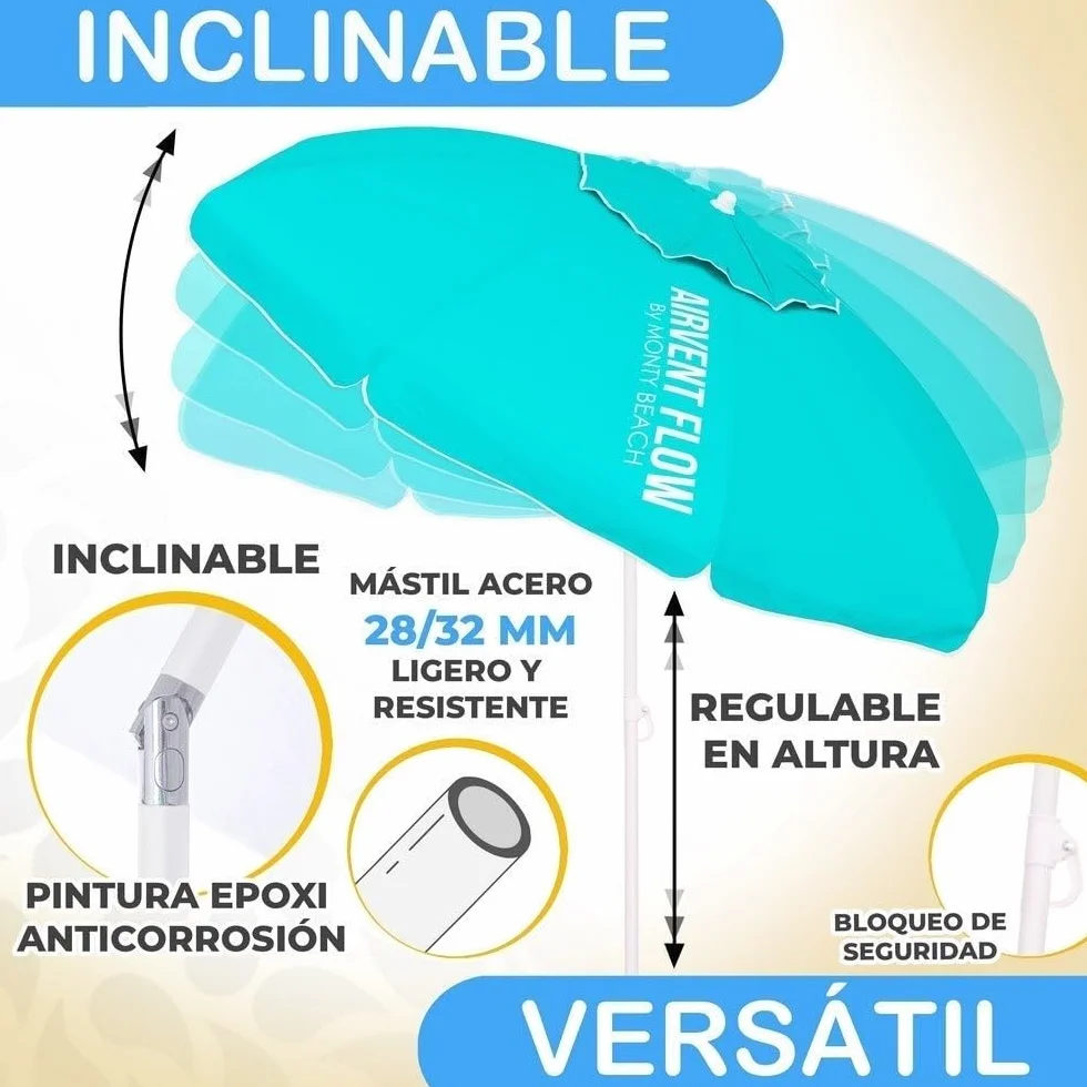 LOLAhome Sombrilla Playa 220 cm protección UV+50 antiviento Varillas Flexibles Fibra