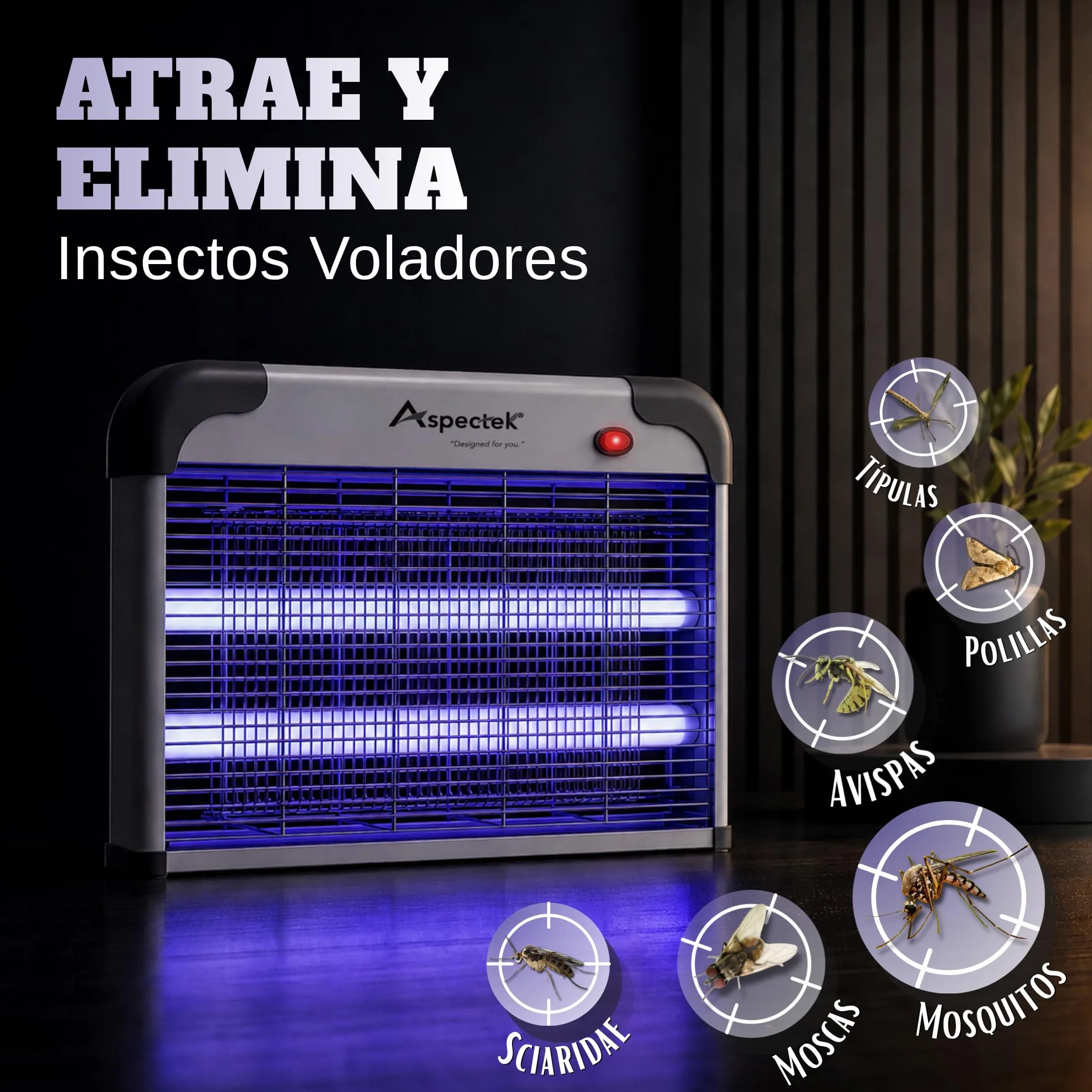 ASPECTEK Lámpara Antimosquitos Eléctrica 20W 2800V Mata Moscas Insectos Interior Trampa Mosquitos Incluye 2 Bombillas UV Repuesto
