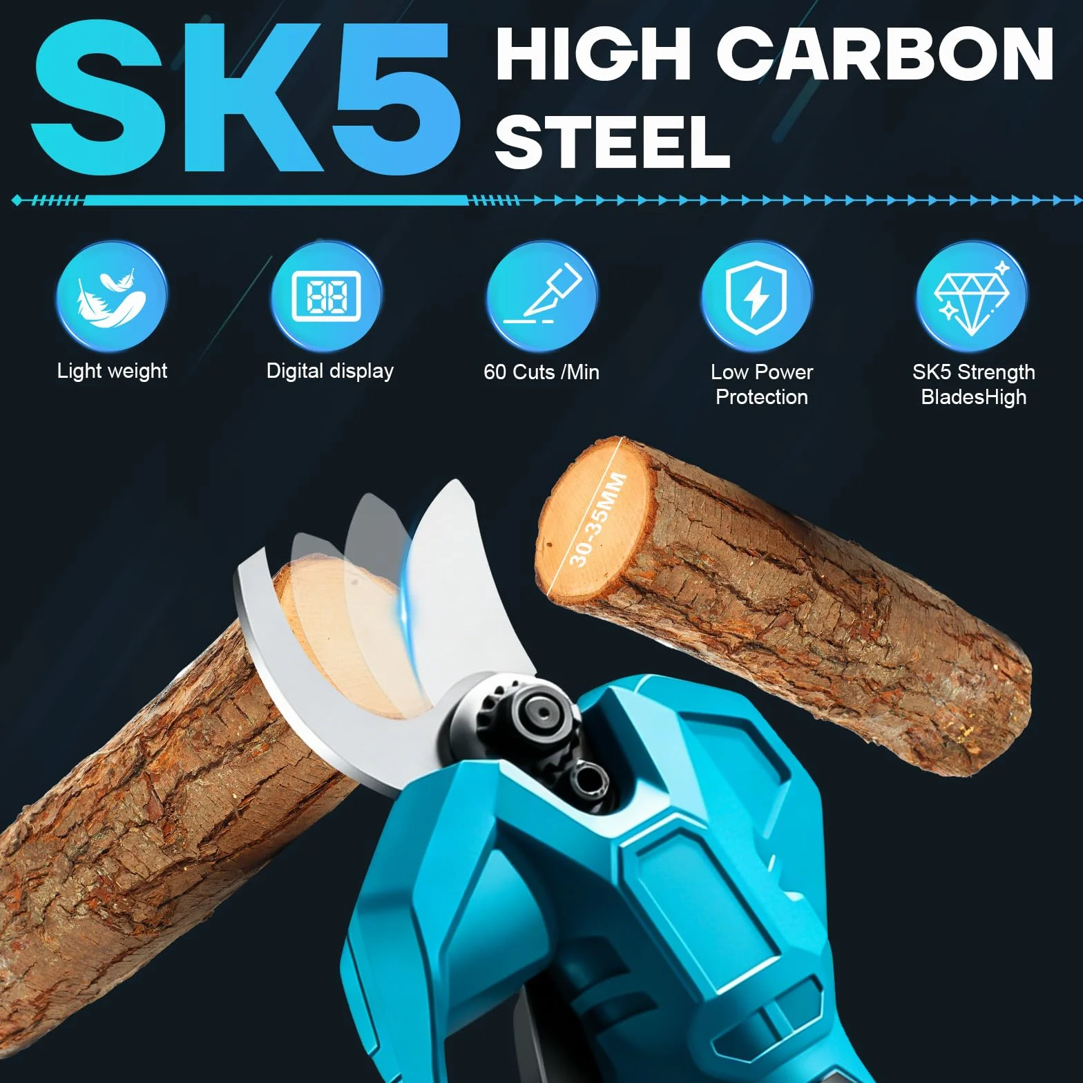 Tijeras de podar eléctricas con batería con motor sin escobillas, cuchillas SK5, batería recargable con indicador de carga, diámetro máximo de corte de 50 mm, para el jardín, 2 baterías de 1500 mAh