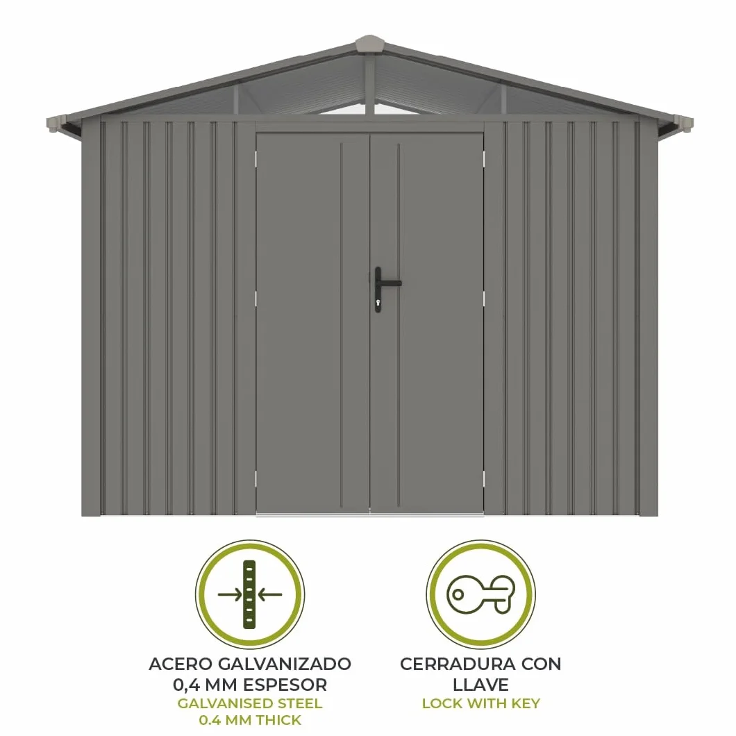 Gardiun Caseta Metálica Grunewald 7 m2 Exterior 304x232x228 cm Acero Ventana Lateral Puerta Doble 106x178 cm