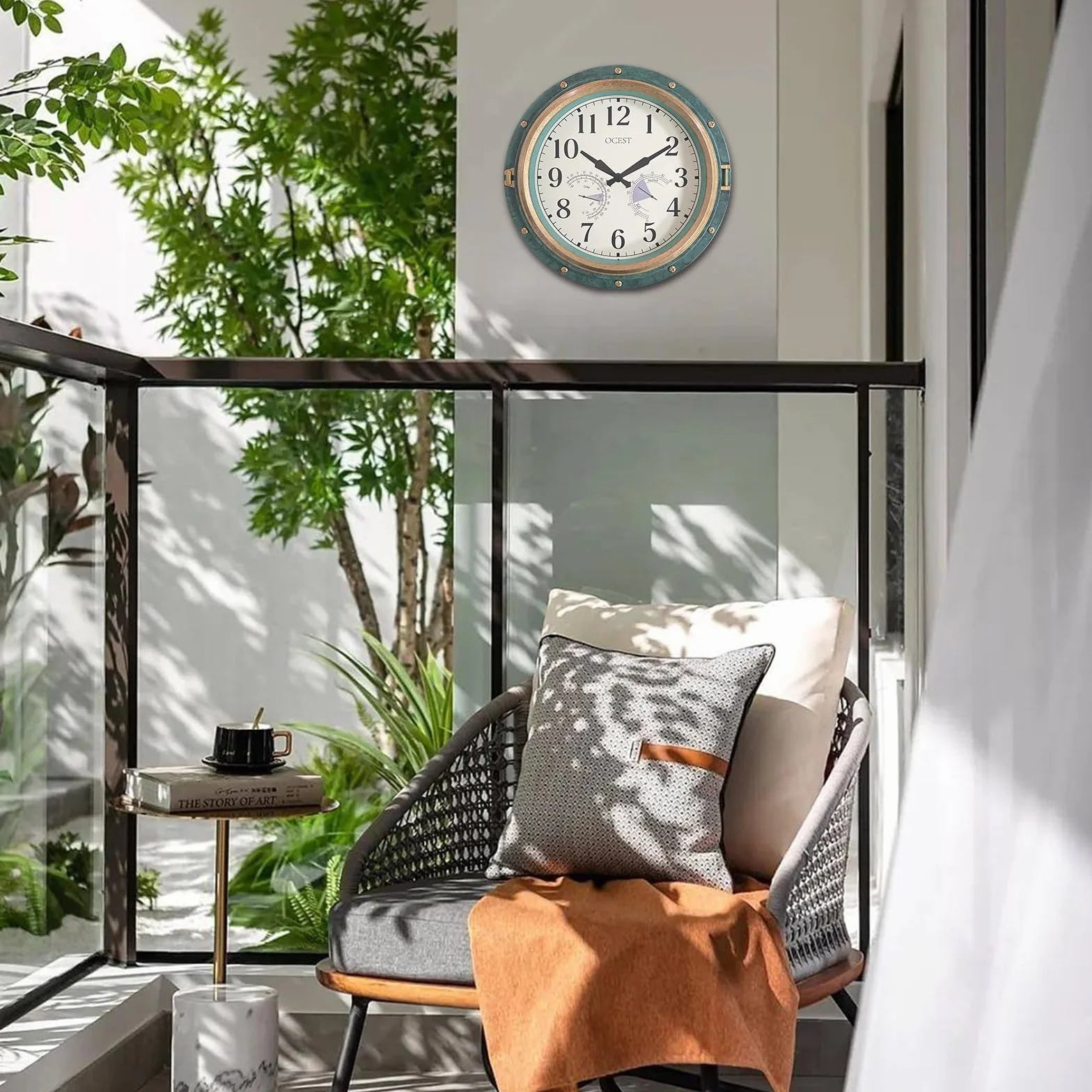OCEST Reloj de pared impermeable 16 pulgadas termómetro higrómetro silencioso sin tictac funciona con pilas decoración hogar patio verde retro
