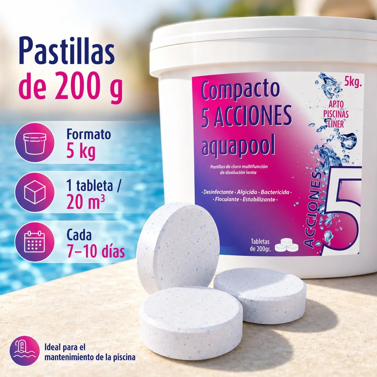 Compacto 5 ACCIONES AQUAPOOL Pastillas de Cloro multifunción 5 KG Disolución Lenta Piscinas Liner