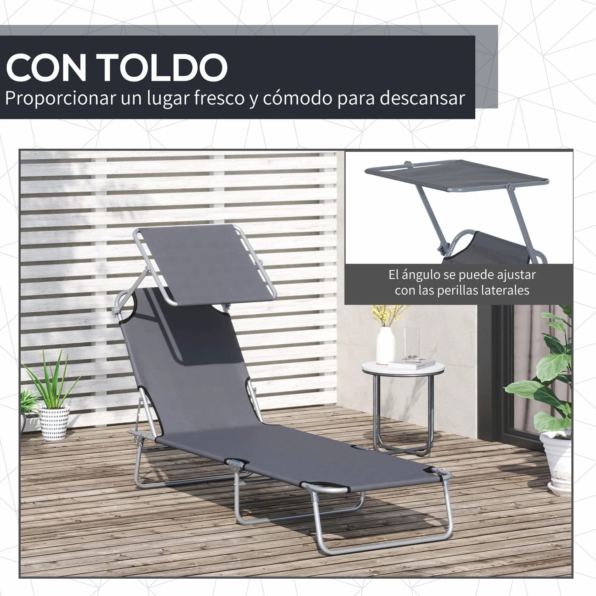 Outsunny Tumbona Plegable Jardín Exterior Reclinable con Toldo Desmontable Respaldo Ajustable 4 Niveles 187x58x36 cm Gris