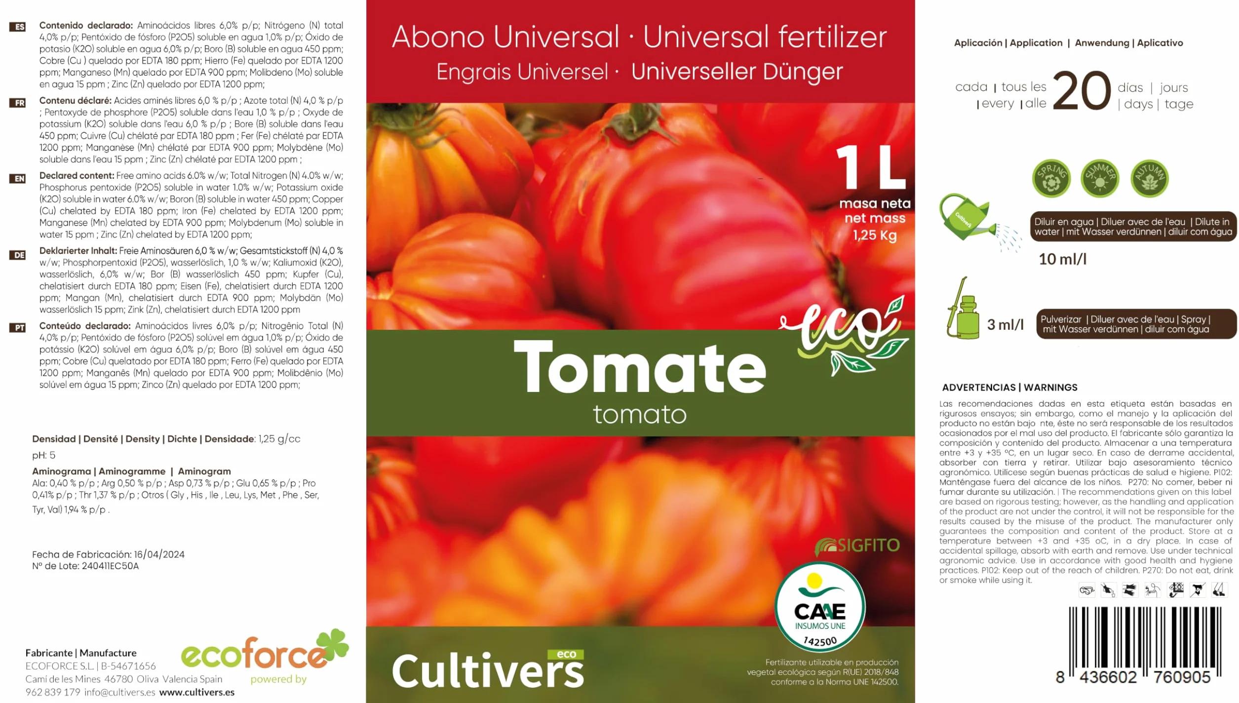 CULTIVERS Fertilizante Tomates Líquido Ecológico 10L Abono Orgánico