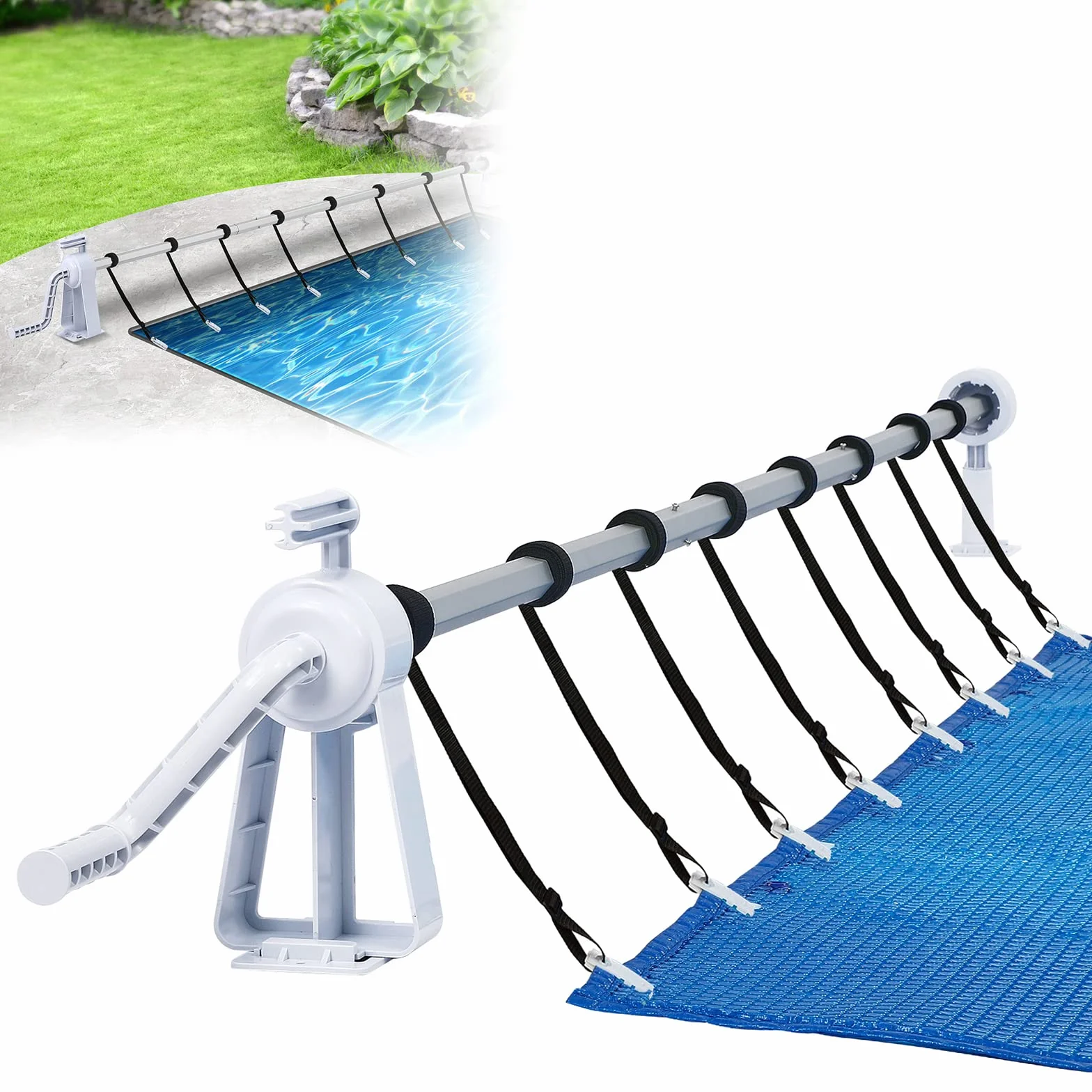 Aufun Enrollador de Piscina Premium 1,05 – 6,15 m Sistema de Enrollado Móvil con 8 Bandas de Fijación