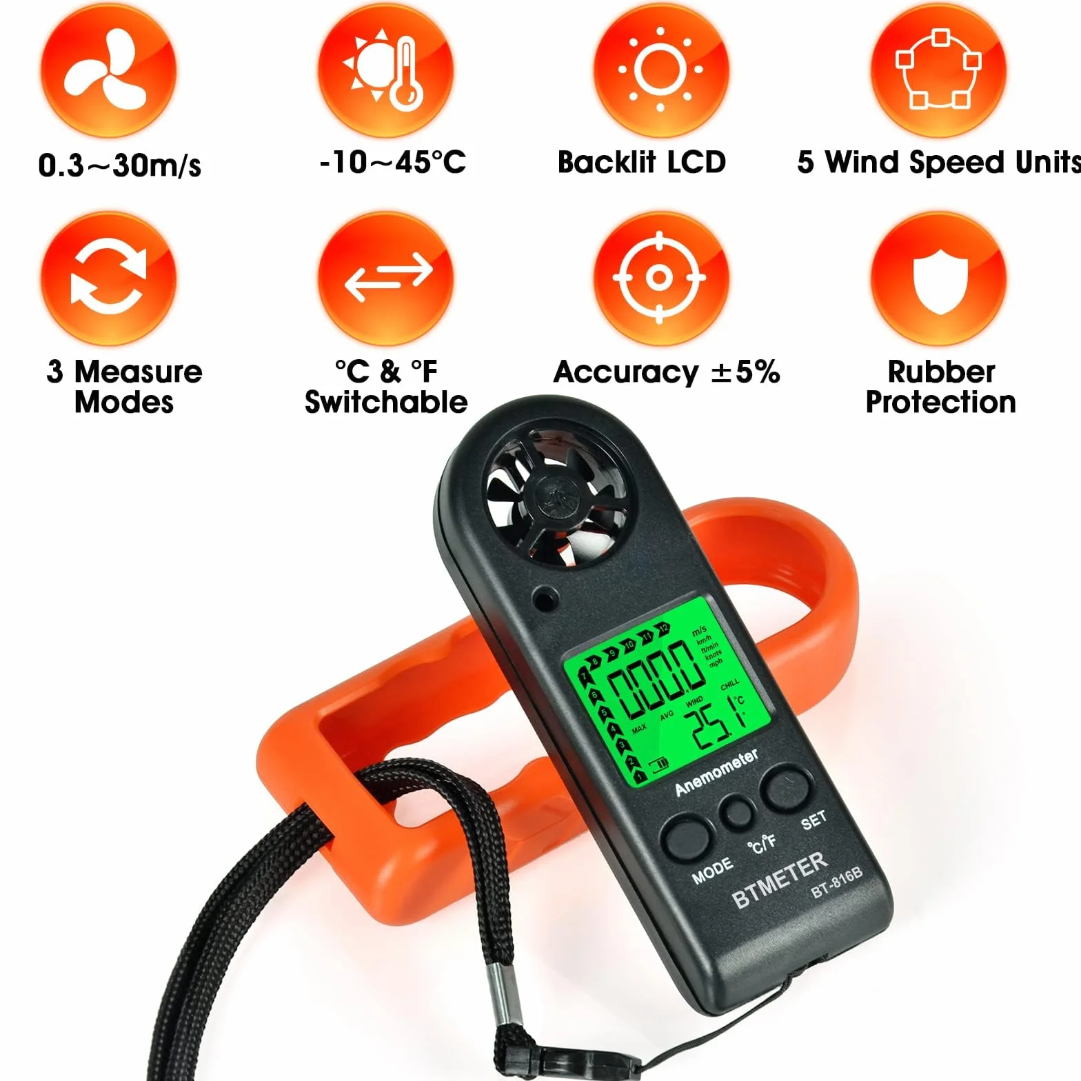 BTMETER BT-816B Anemómetro de mano digital, medidor de velocidad del viento con retroiluminación LCD