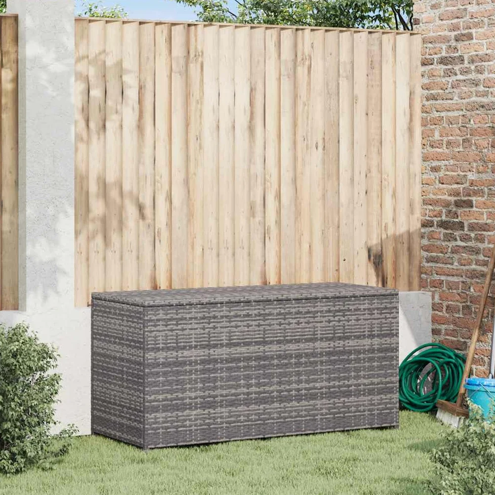 Caja para cojines de jardín gris 120 x 50 x 60 cm, de polirratán con bolsillo interior para cojines, cojines, mantas, cojines de asiento, juguetes y libros, resistente a la intemperie,