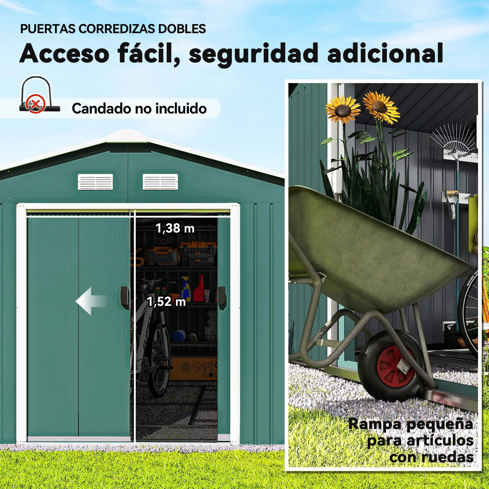 Outsunny Caseta de Jardín Exterior 12,4 m² 340x386x200 cm Cobertizo Metálico con Puertas Dobles y Cerradura Verde