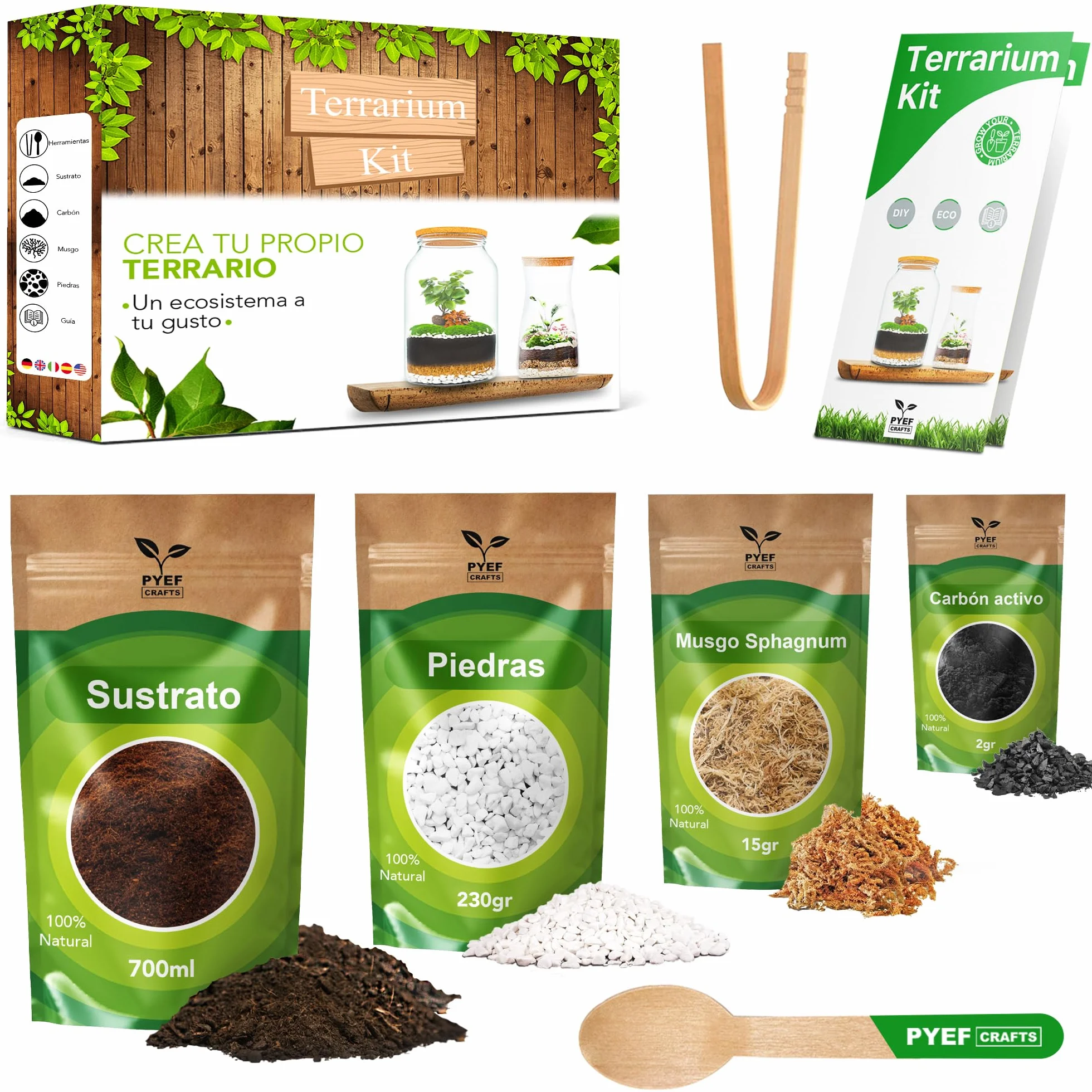 Kit Terrario Plantas DIY - Set Ecosistema Cerrado para Jardin en Botella 1-2L - Terrarium Interior - Kit Creacion Sin Planta