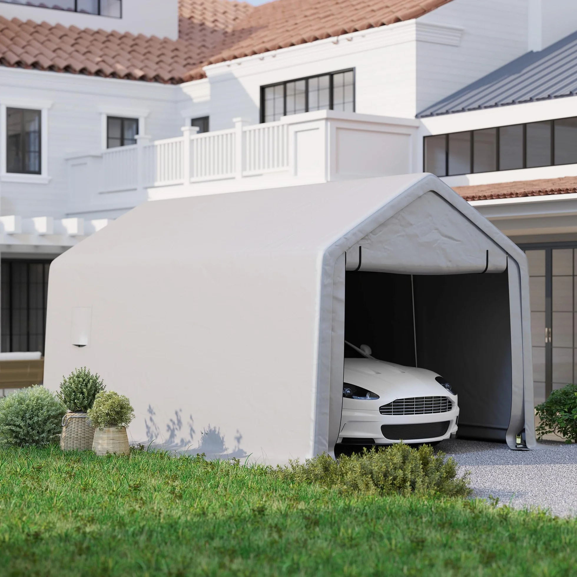 Outsunny Carport 3 x 5,2 m Cobertizo para Coche Exterior con Puerta Enrollable Gris