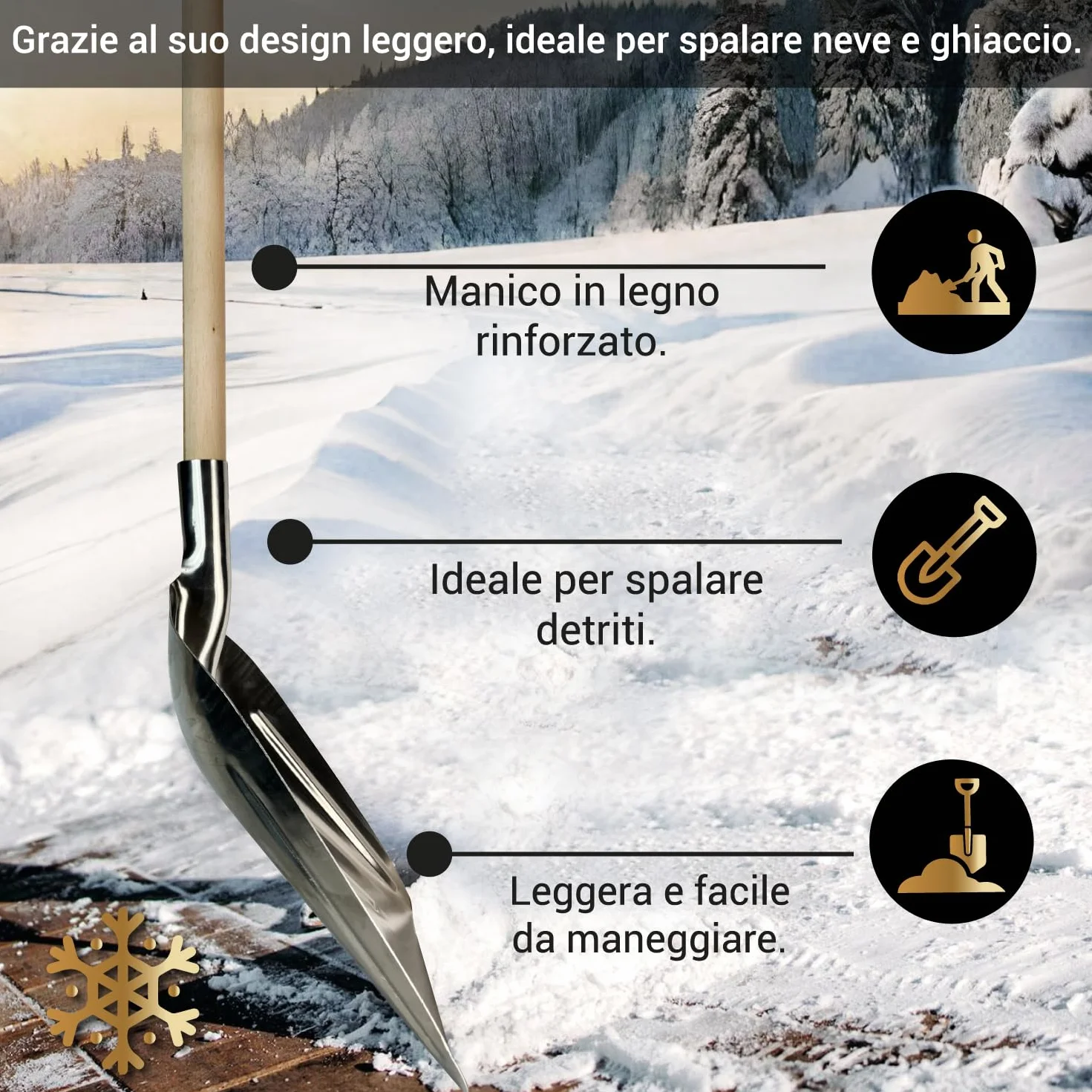 Crisalide Pala 36x49 cm Mango Madera Aluminio Nieve Agrícola Jardinería Trabajos Pesados